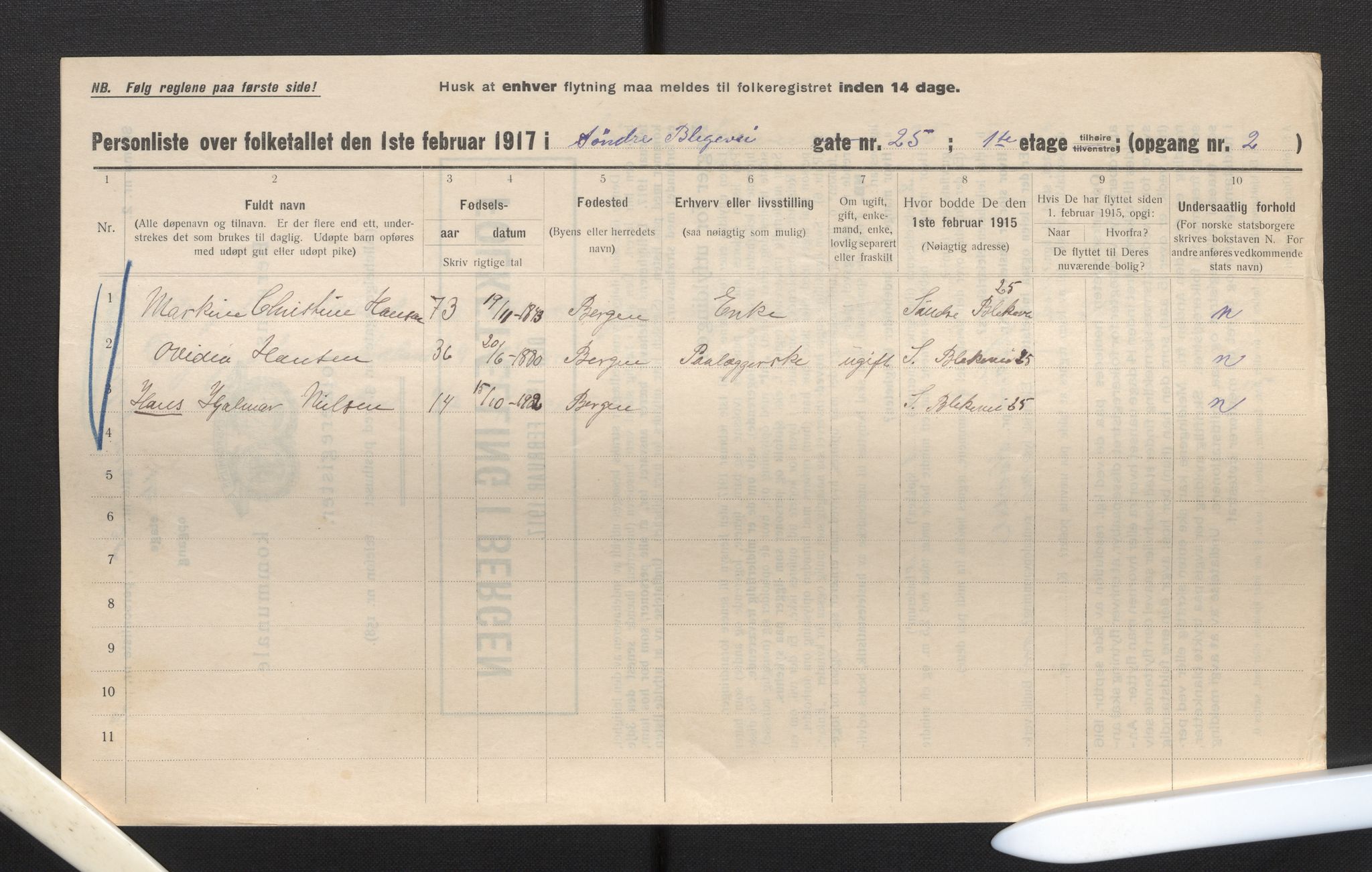 SAB, Municipal Census 1917 for Bergen, 1917, p. 3097