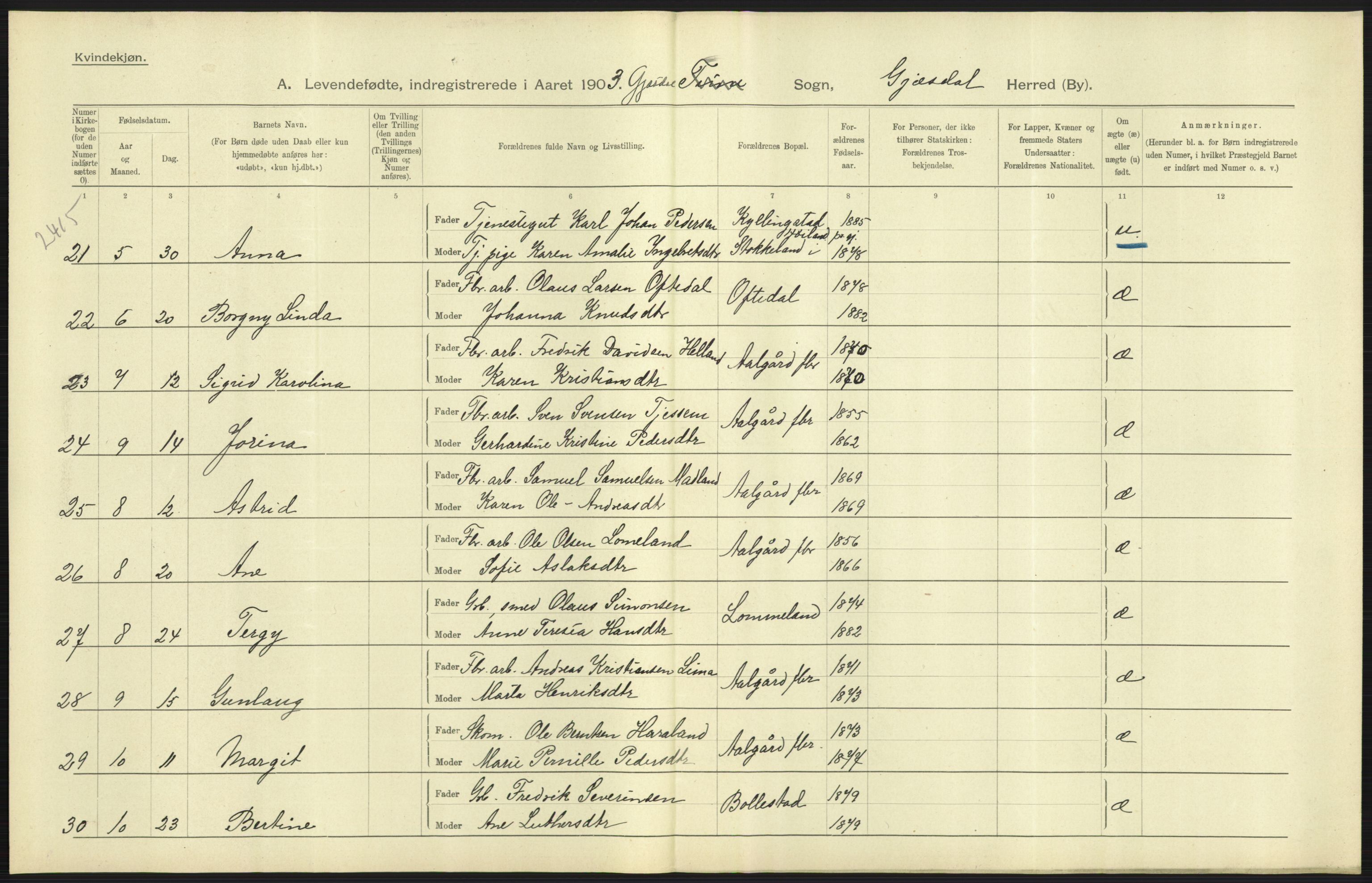 Statistisk sentralbyrå, Sosiodemografiske emner, Befolkning, AV/RA-S-2228/D/Df/Dfa/Dfaa/L0012: Stavanger amt: Fødte, gifte, døde, 1903, p. 19