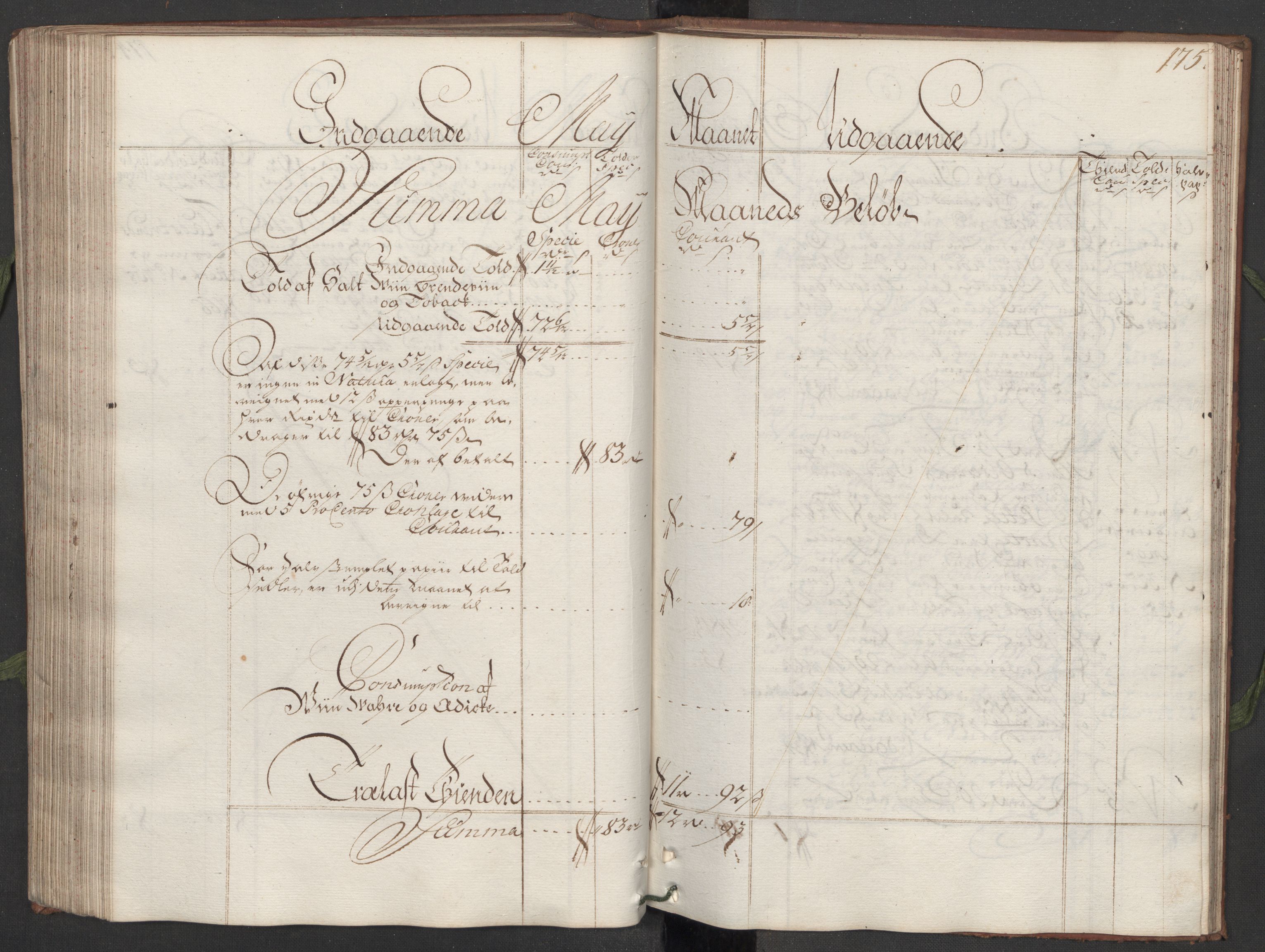 Generaltollkammeret, tollregnskaper, AV/RA-EA-5490/R11/L0015a/0001: Tollregnskaper Larvik og Sandefjord / Hovedtollbok, 1733, p. 174b-175a