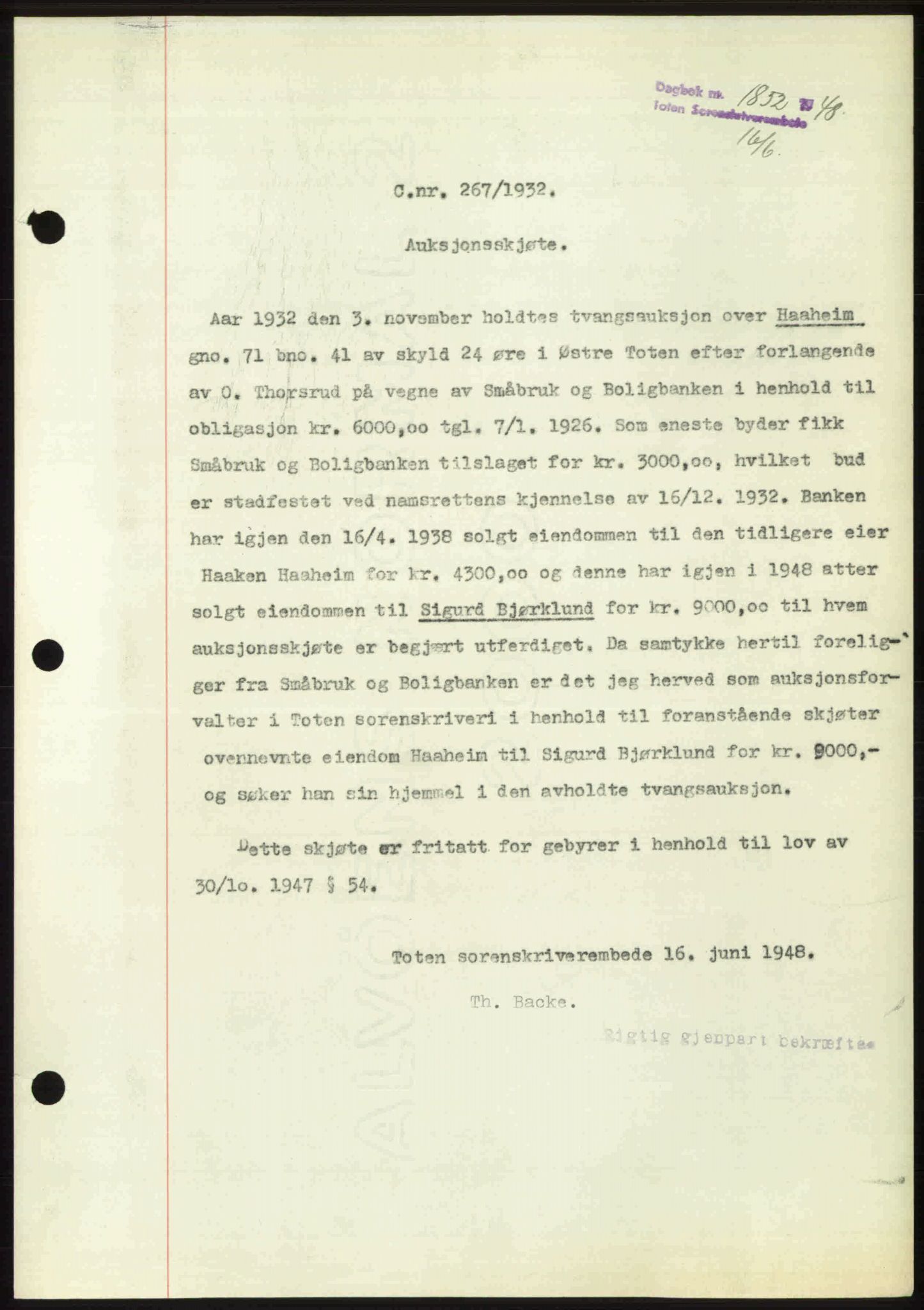 Toten tingrett, SAH/TING-006/H/Hb/Hbc/L0020: Mortgage book no. Hbc-20, 1948-1948, Diary no: : 1852/1948