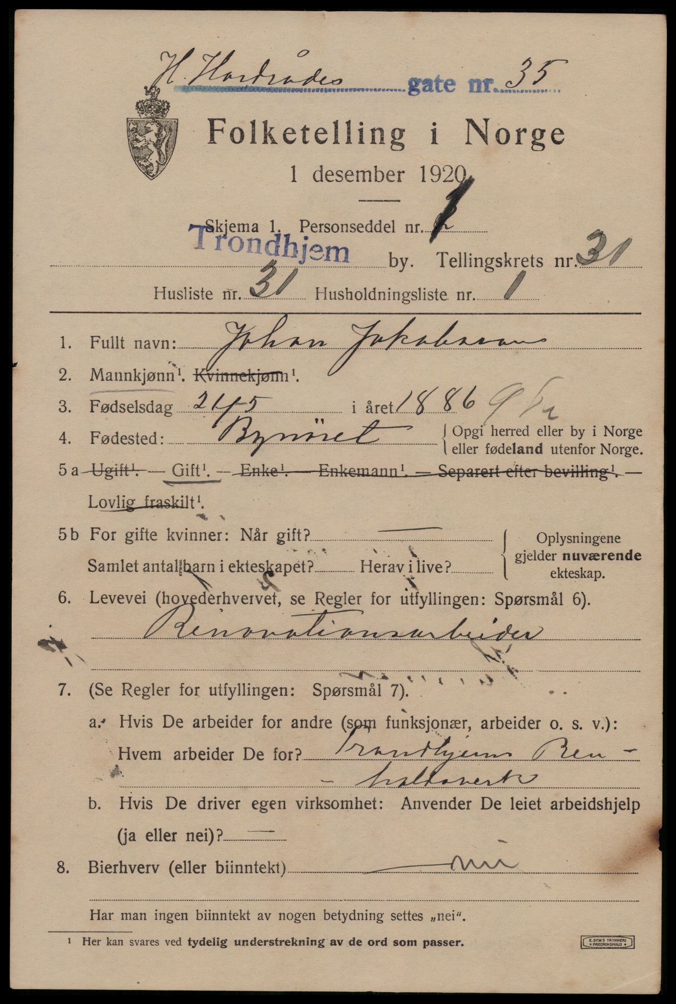 SAT, 1920 census for Trondheim, 1920, p. 77188