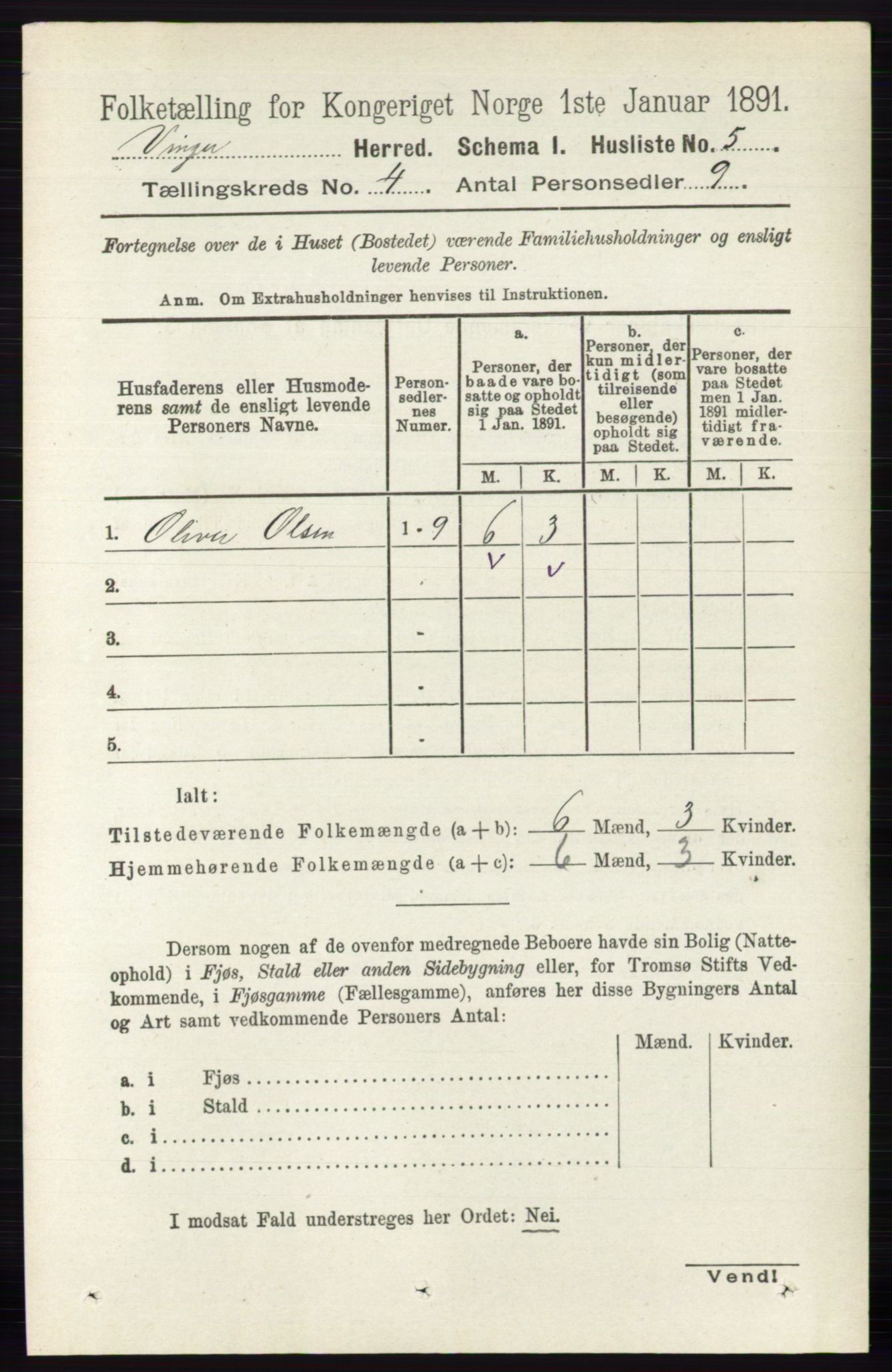 RA, 1891 census for 0421 Vinger, 1891, p. 1586