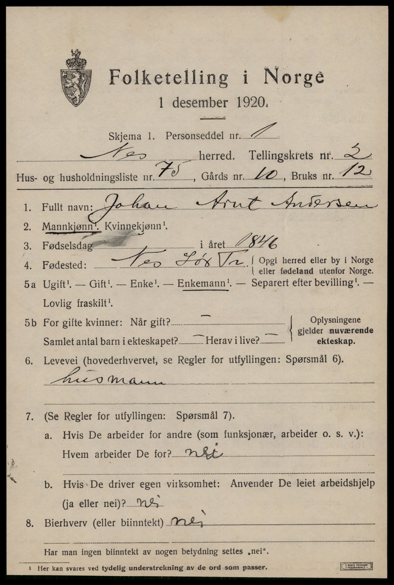 SAT, 1920 census for Nes (ST), 1920, p. 1489