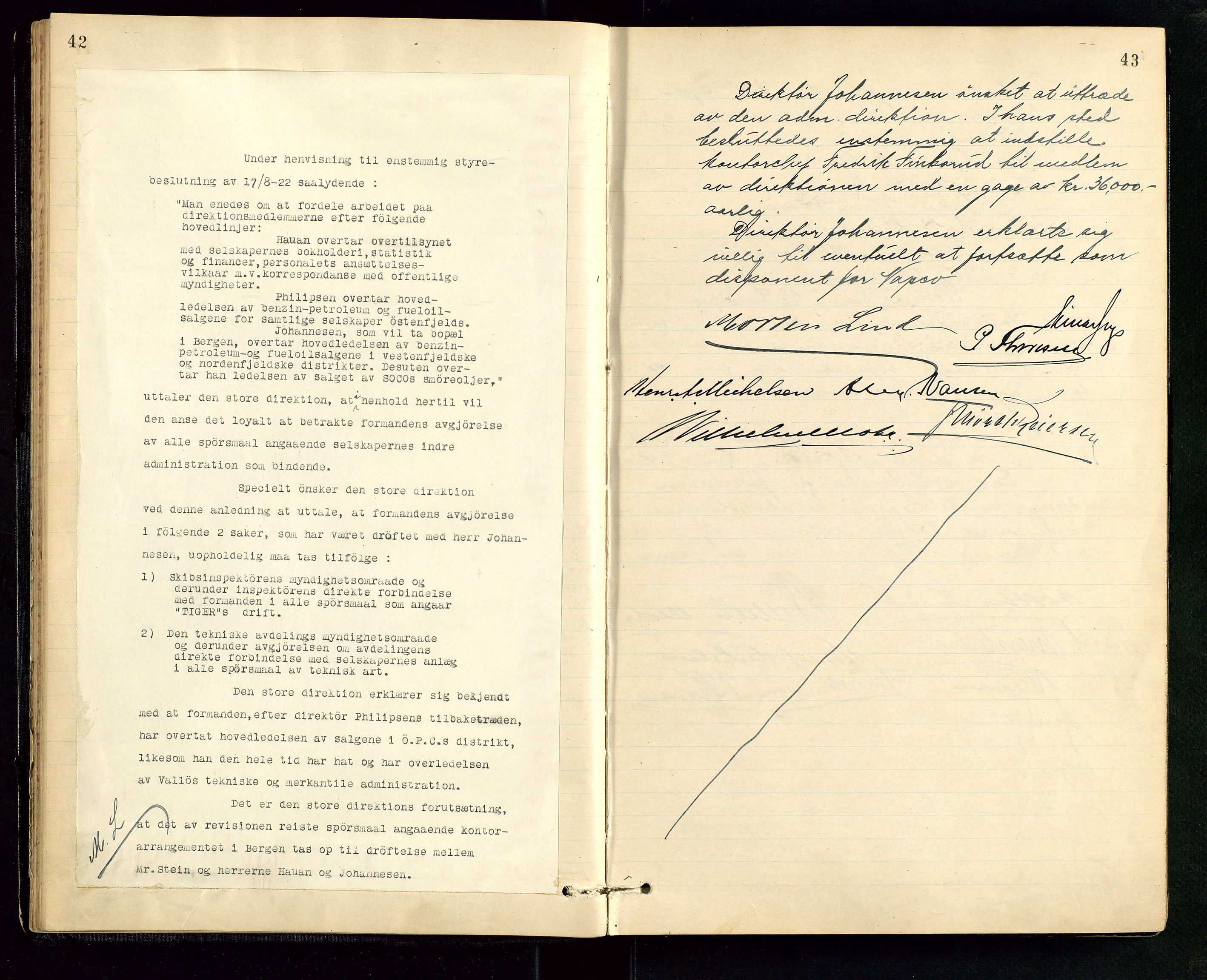 PA 1534 - Østlandske Petroleumscompagni A/S, AV/SAST-A-101954/A/Aa/L0006/0001: Direksjonsprotokoller / Protokoll for Den Store Direksjon, 1922-1952, p. 42-43