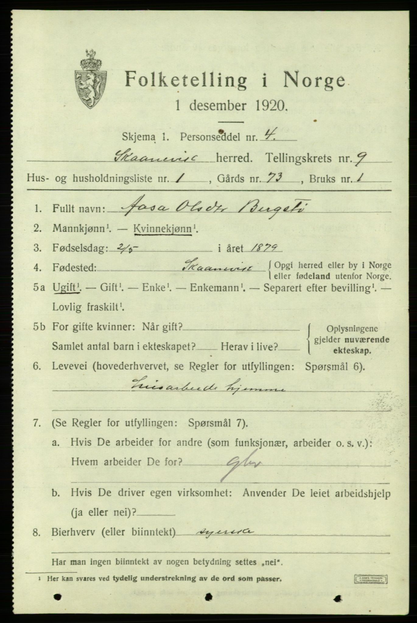 SAB, 1920 census for Skånevik, 1920, p. 4847