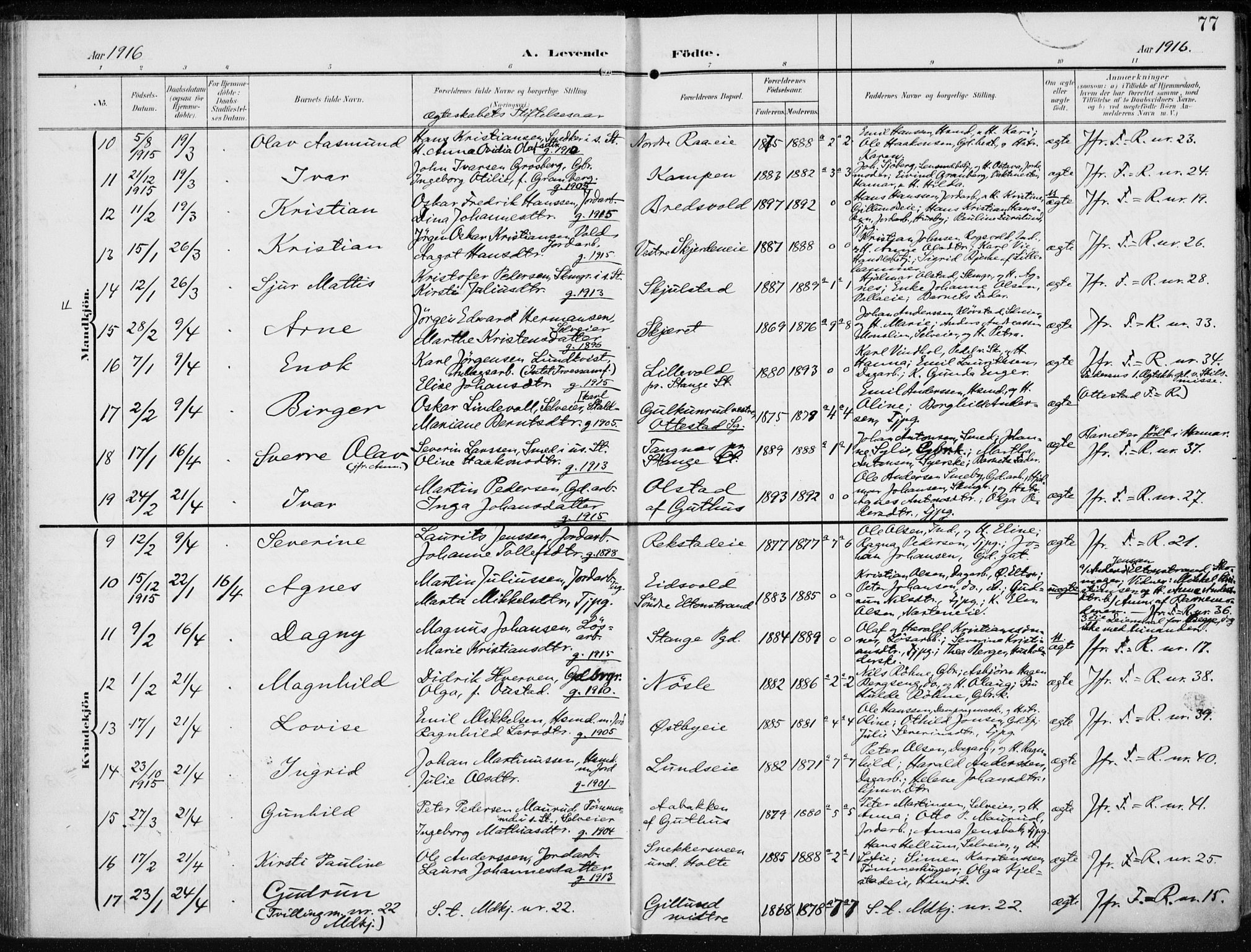 Stange prestekontor, AV/SAH-PREST-002/K/L0024: Parish register (official) no. 24, 1906-1922, p. 77