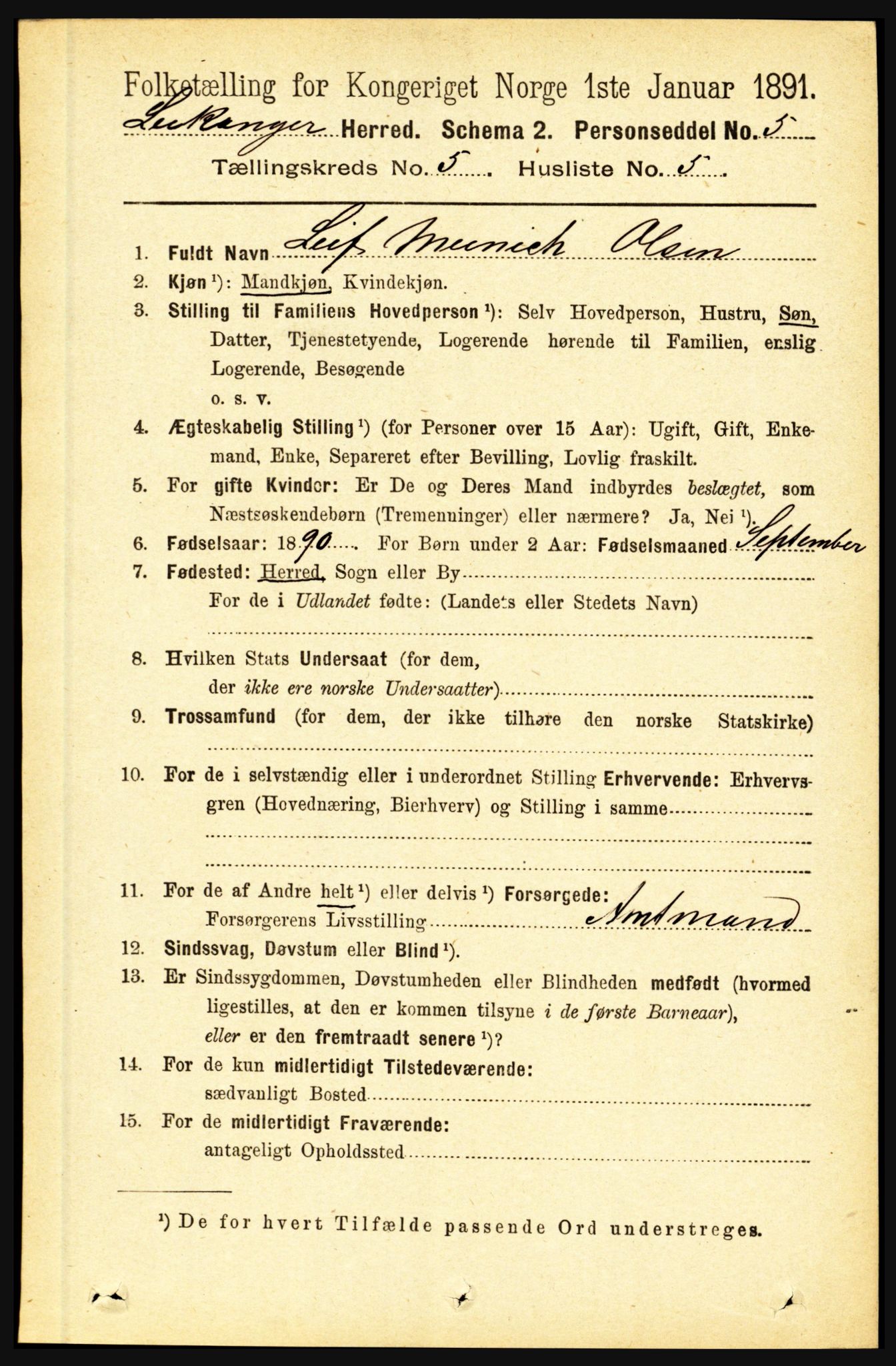 RA, 1891 census for 1419 Leikanger, 1891, p. 897