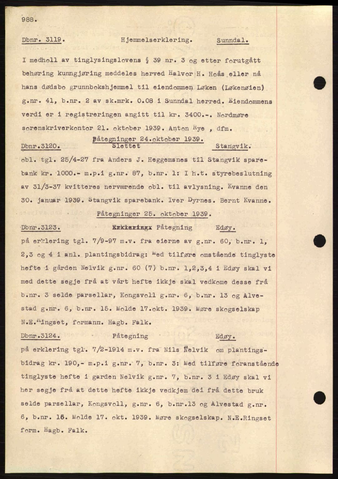 Nordmøre sorenskriveri, AV/SAT-A-4132/1/2/2Ca: Mortgage book no. C80, 1936-1939, Diary no: : 3119/1939