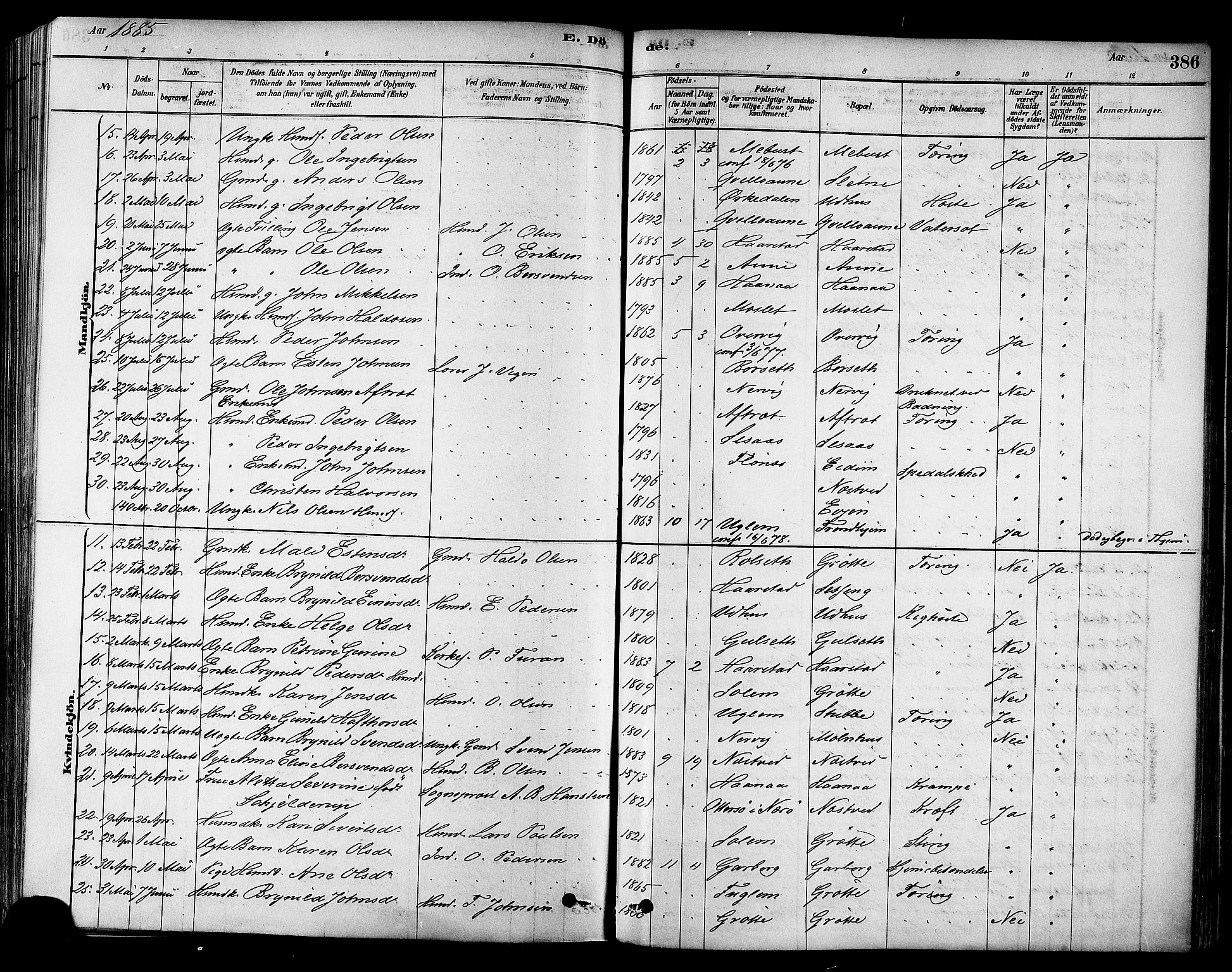 Ministerialprotokoller, klokkerbøker og fødselsregistre - Sør-Trøndelag, SAT/A-1456/695/L1148: Parish register (official) no. 695A08, 1878-1891, p. 386