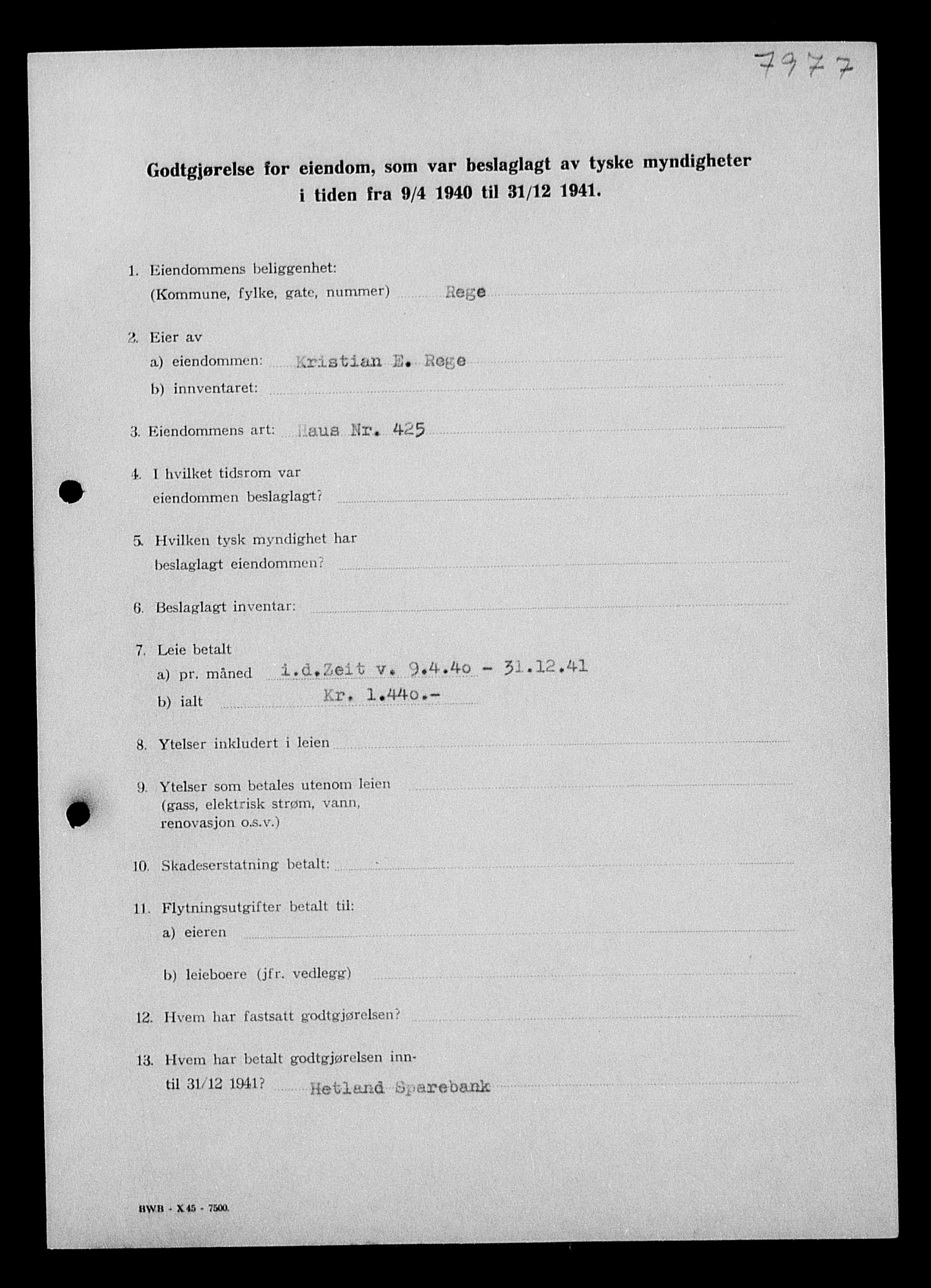 Justisdepartementet, Tilbakeføringskontoret for inndratte formuer, AV/RA-S-1564/I/L1015: Godtgjørelse for beslaglagt eiendom, 1940-1941, p. 86