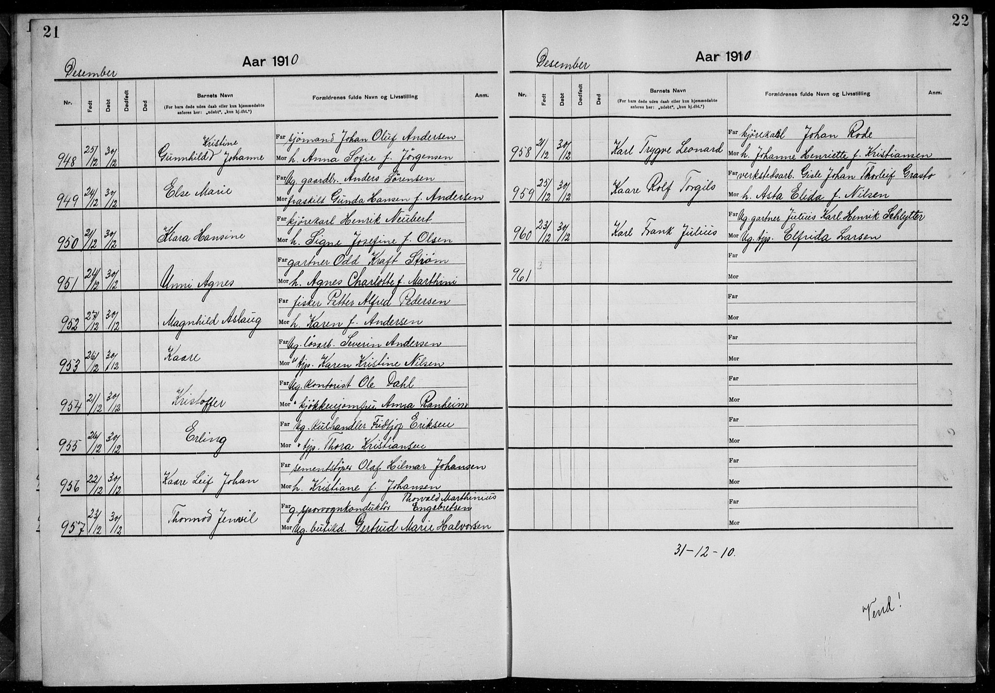 Rikshospitalet prestekontor Kirkebøker, AV/SAO-A-10309b/K/L0007/0001: Baptism register no. 7.1, 1910-1912, p. 21-22