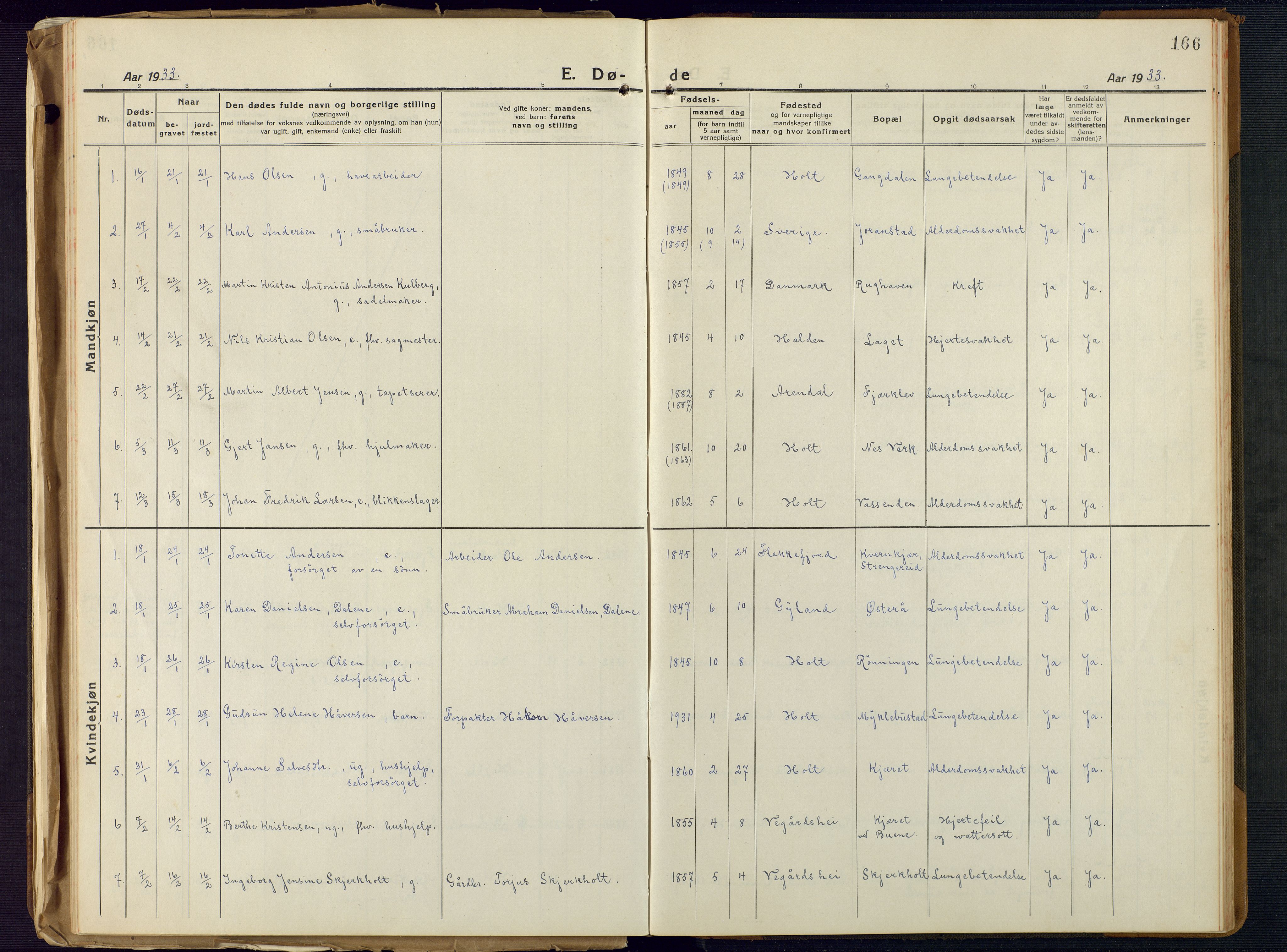 Holt sokneprestkontor, SAK/1111-0021/F/Fb/L0012: Parish register (copy) no. B 12, 1919-1944, p. 166