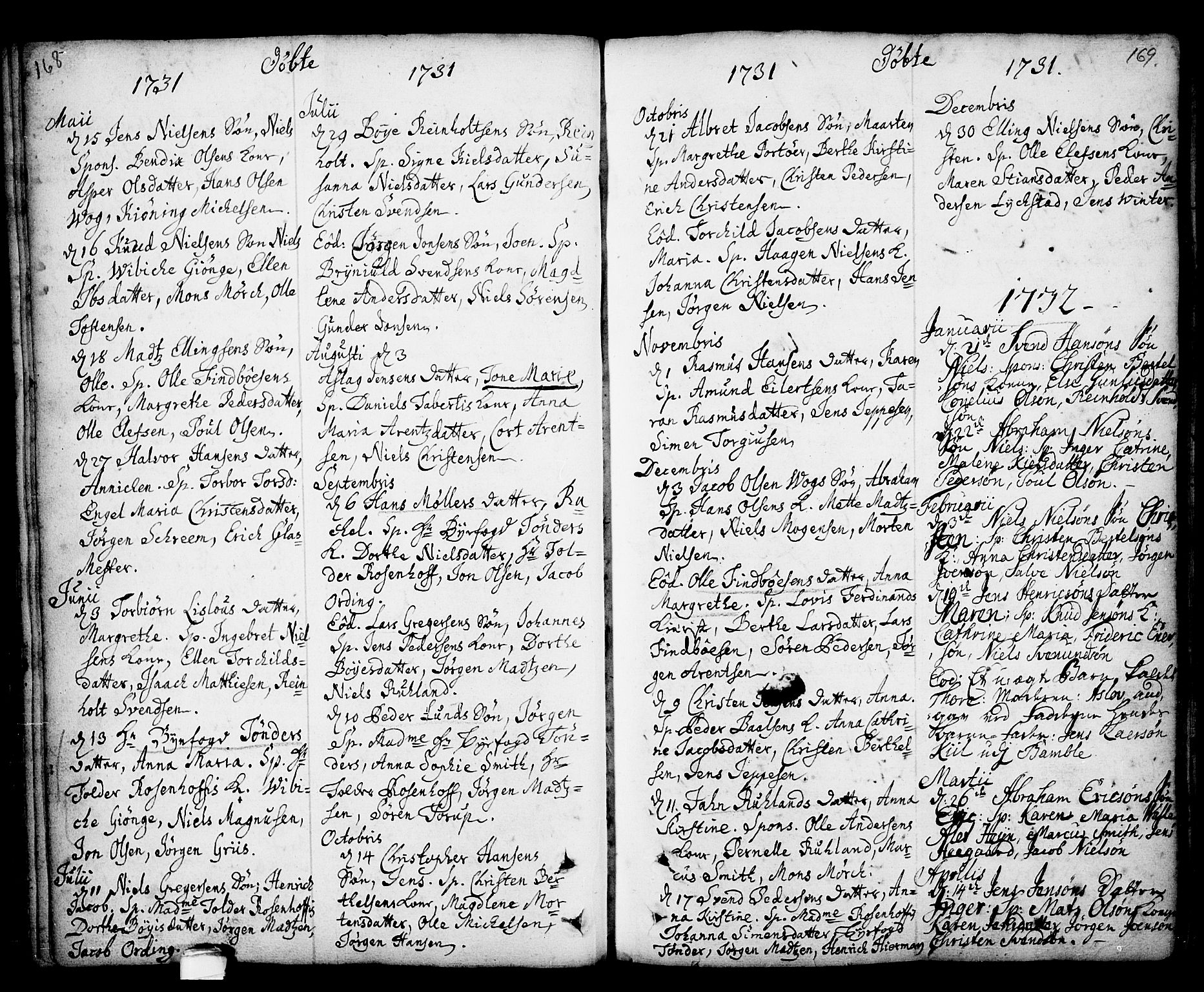 Kragerø kirkebøker, SAKO/A-278/F/Fa/L0001: Parish register (official) no. 1, 1702-1766, p. 168-169