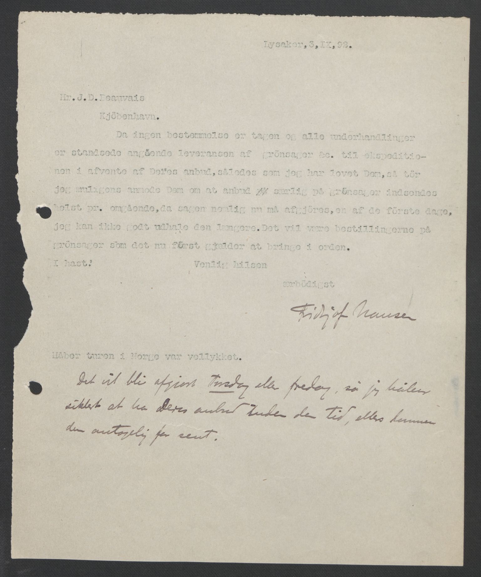 Arbeidskomitéen for Fridtjof Nansens polarekspedisjon, AV/RA-PA-0061/D/L0004: Innk. brev og telegrammer vedr. proviant og utrustning, 1892-1893, p. 33