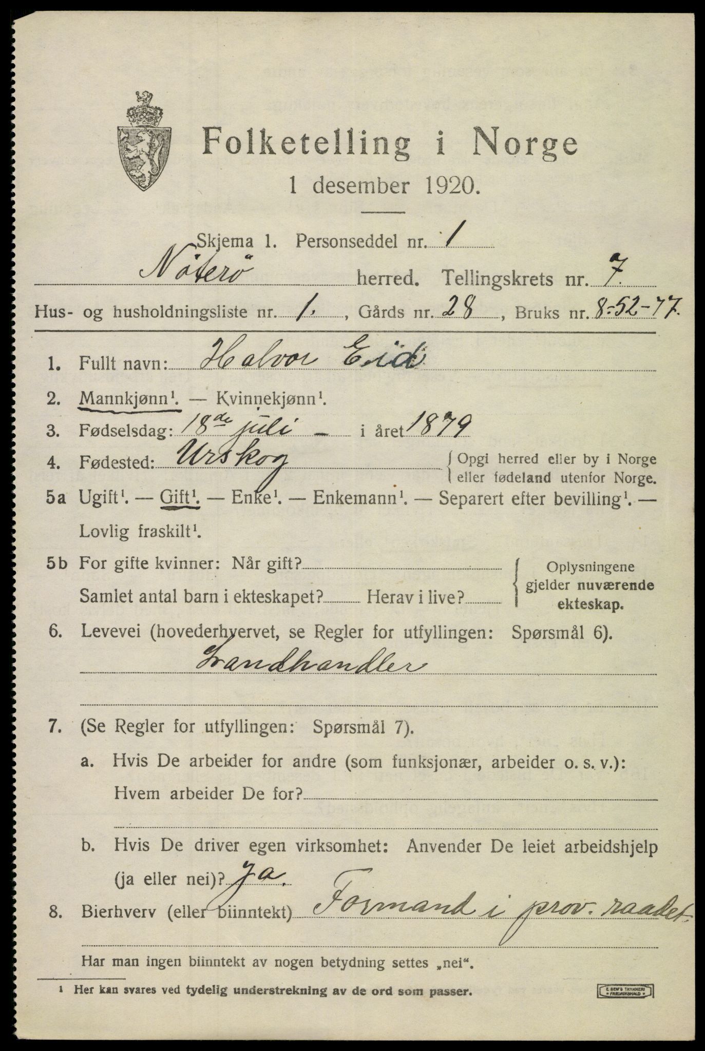 SAKO, 1920 census for Nøtterøy, 1920, p. 9469