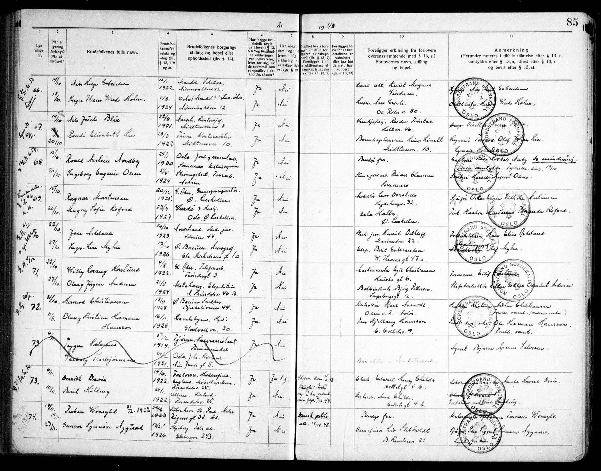 Nordstrand prestekontor Kirkebøker, AV/SAO-A-10362a/H/Ha/L0002: Banns register no. 2, 1935-1950, p. 85