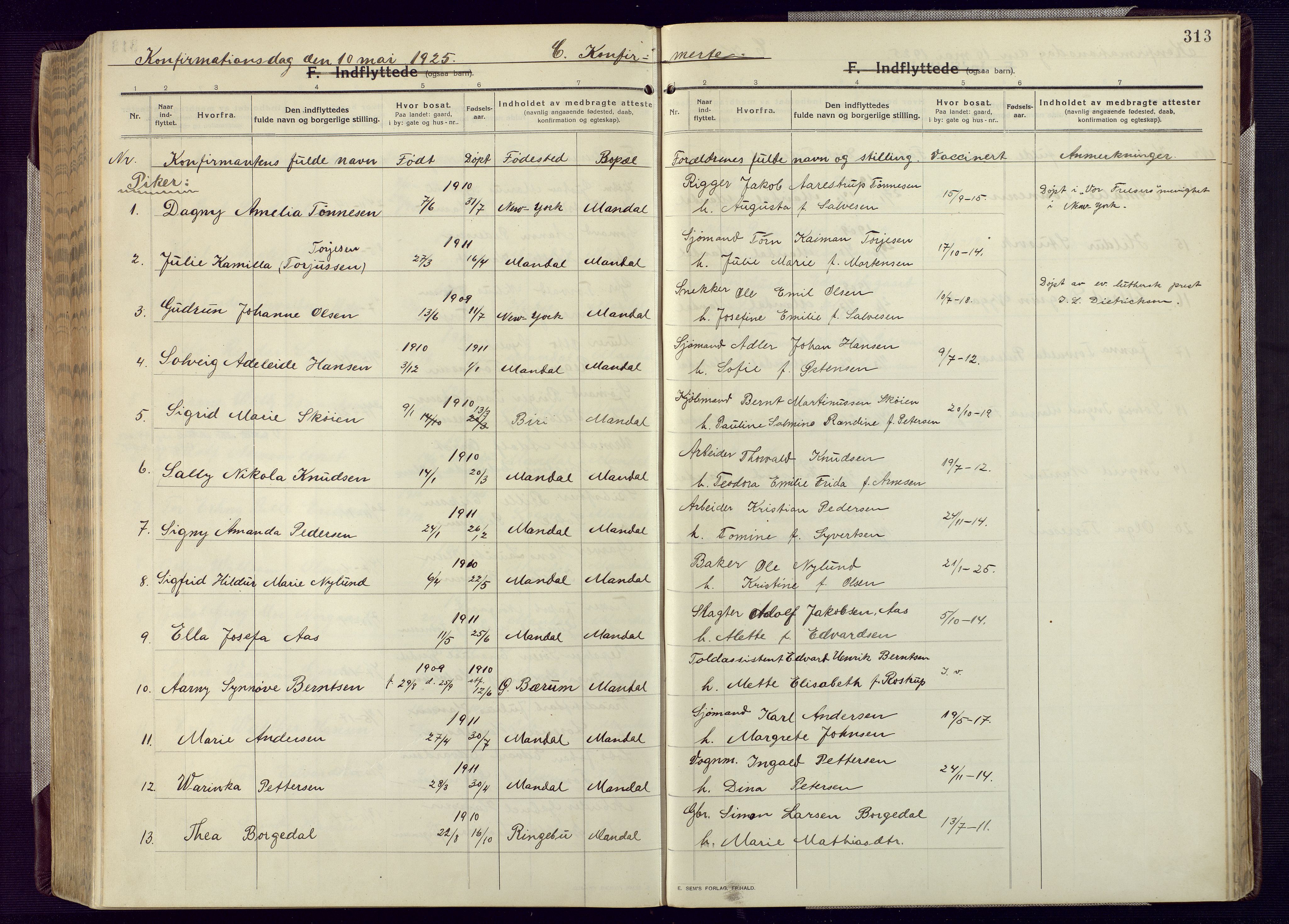 Mandal sokneprestkontor, AV/SAK-1111-0030/F/Fa/Fac/L0001: Parish register (official) no. A 1, 1913-1925, p. 313