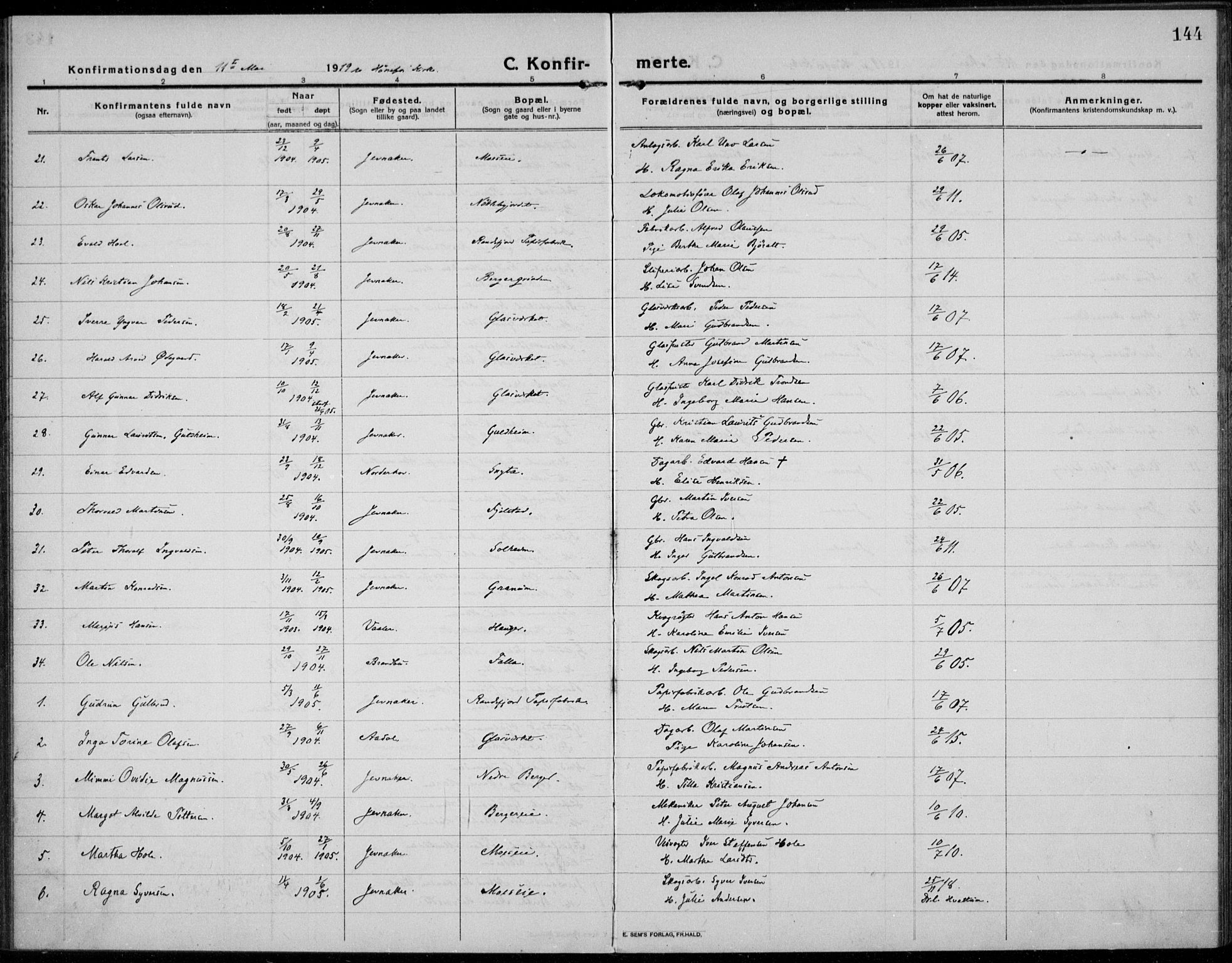 Jevnaker prestekontor, SAH/PREST-116/H/Ha/Haa/L0012: Parish register (official) no. 12, 1914-1924, p. 144