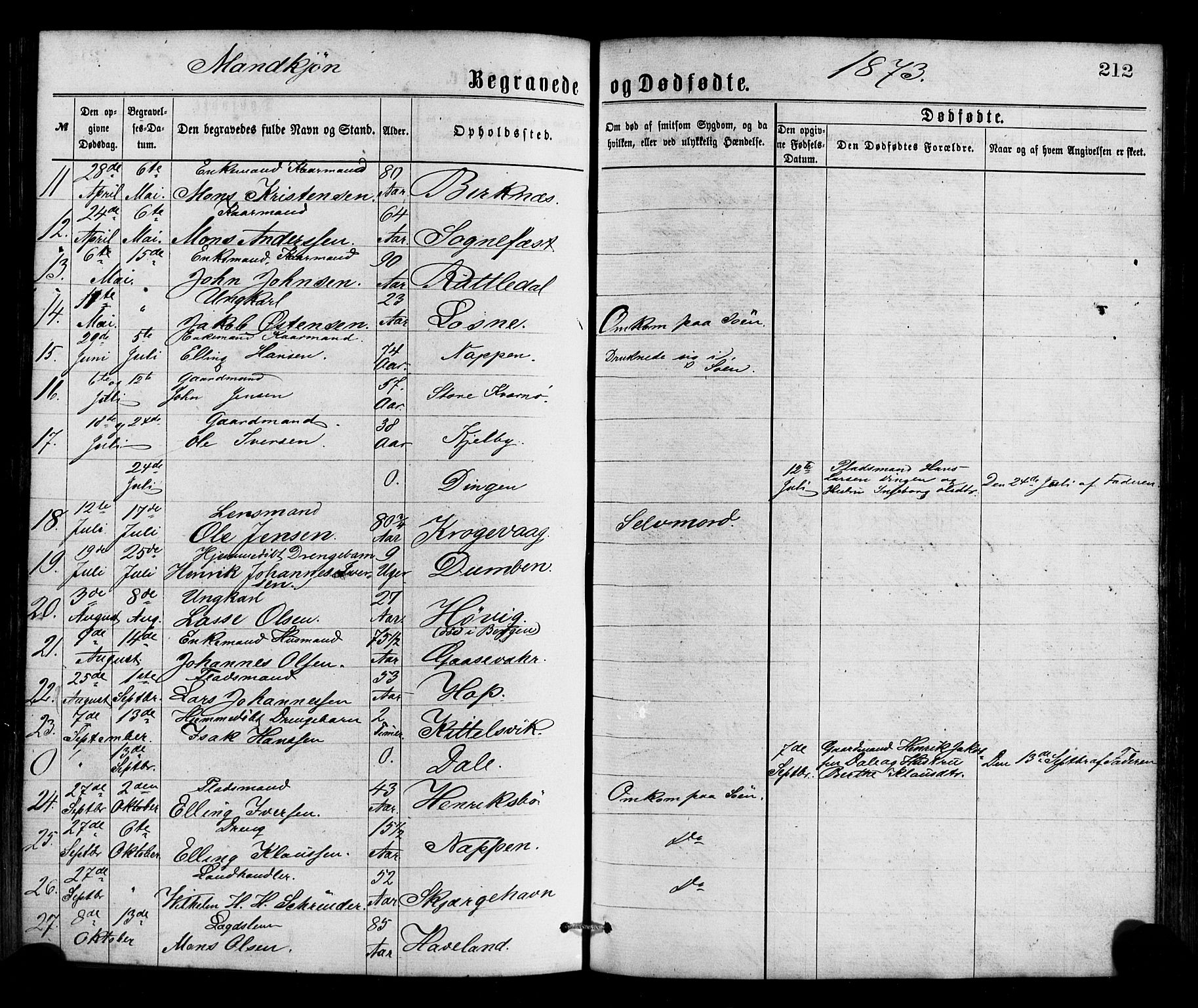 Gulen sokneprestembete, AV/SAB-A-80201/H/Haa/Haaa/L0023: Parish register (official) no. A 23, 1870-1880, p. 212