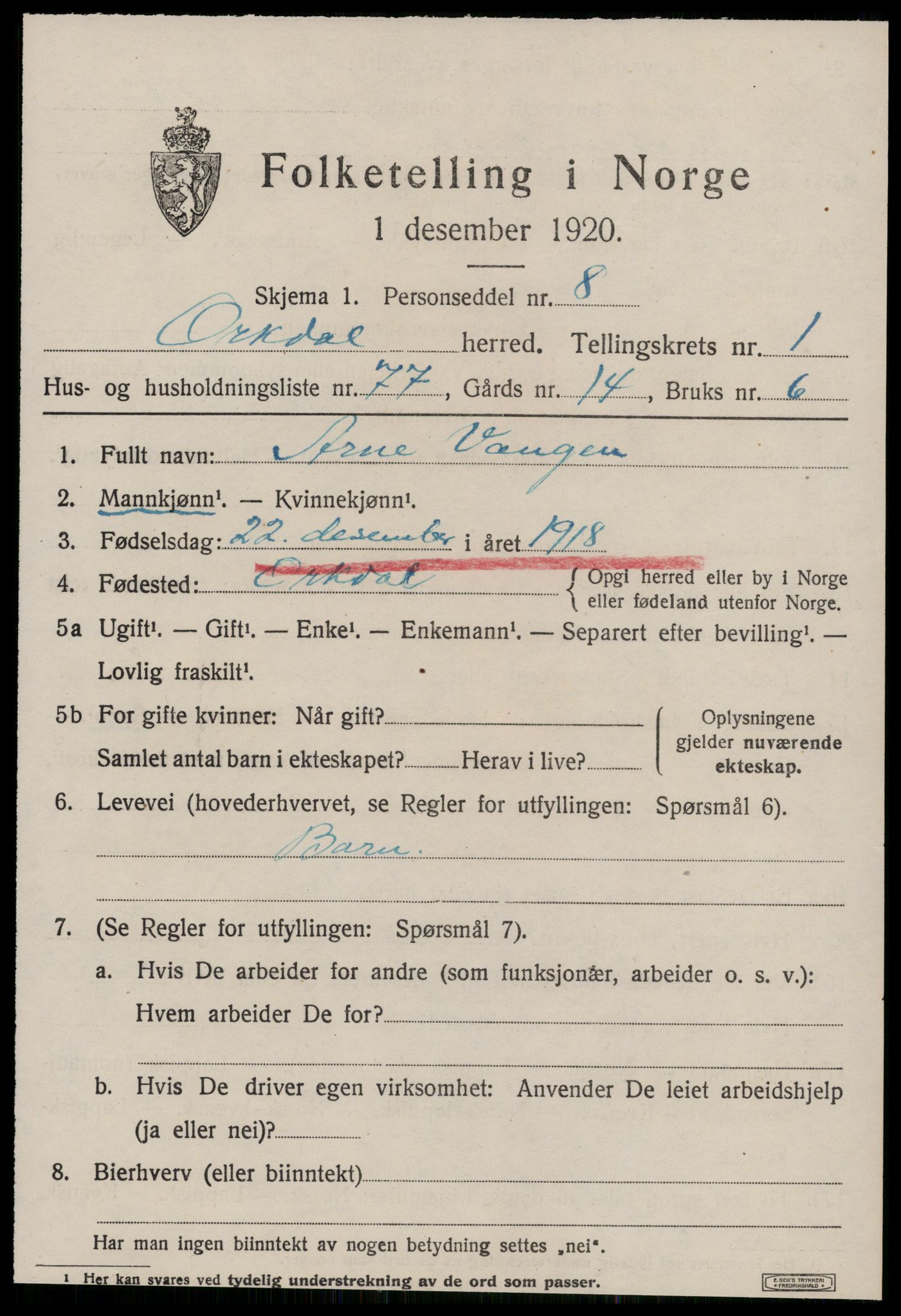 SAT, 1920 census for Orkdal, 1920, p. 2060