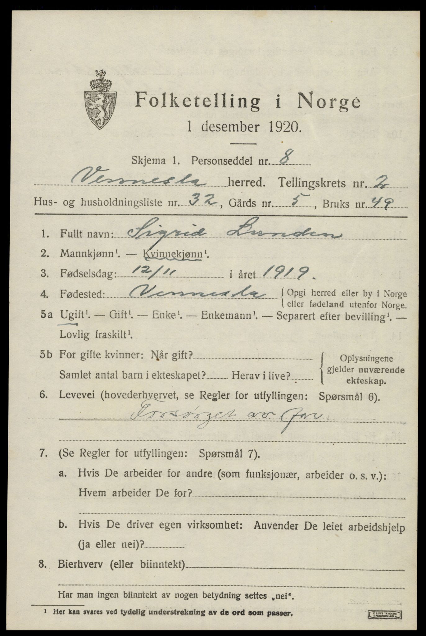SAK, 1920 census for Vennesla, 1920, p. 1892