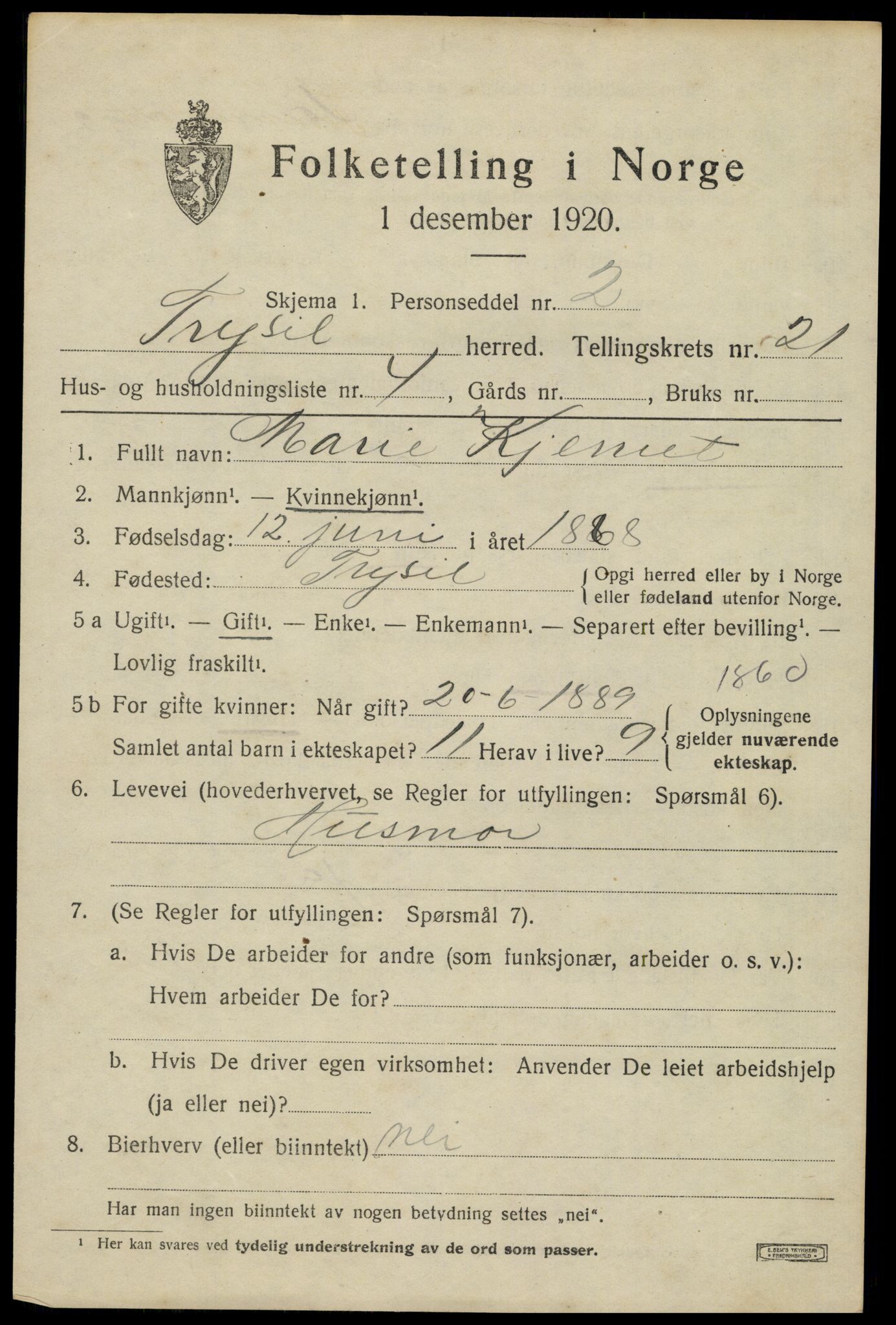 SAH, 1920 census for Trysil, 1920, p. 13799