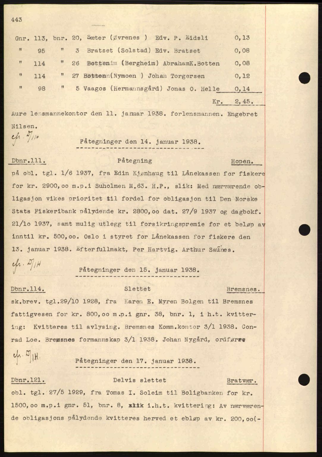 Nordmøre sorenskriveri, AV/SAT-A-4132/1/2/2Ca: Mortgage book no. C80, 1936-1939, Diary no: : 111/1938