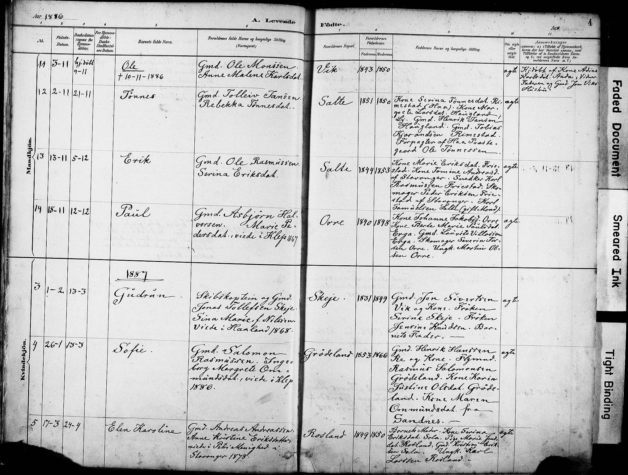 Klepp sokneprestkontor, SAST/A-101803/001/3/30BA/L0007: Parish register (official) no. A 8, 1886-1912, p. 4