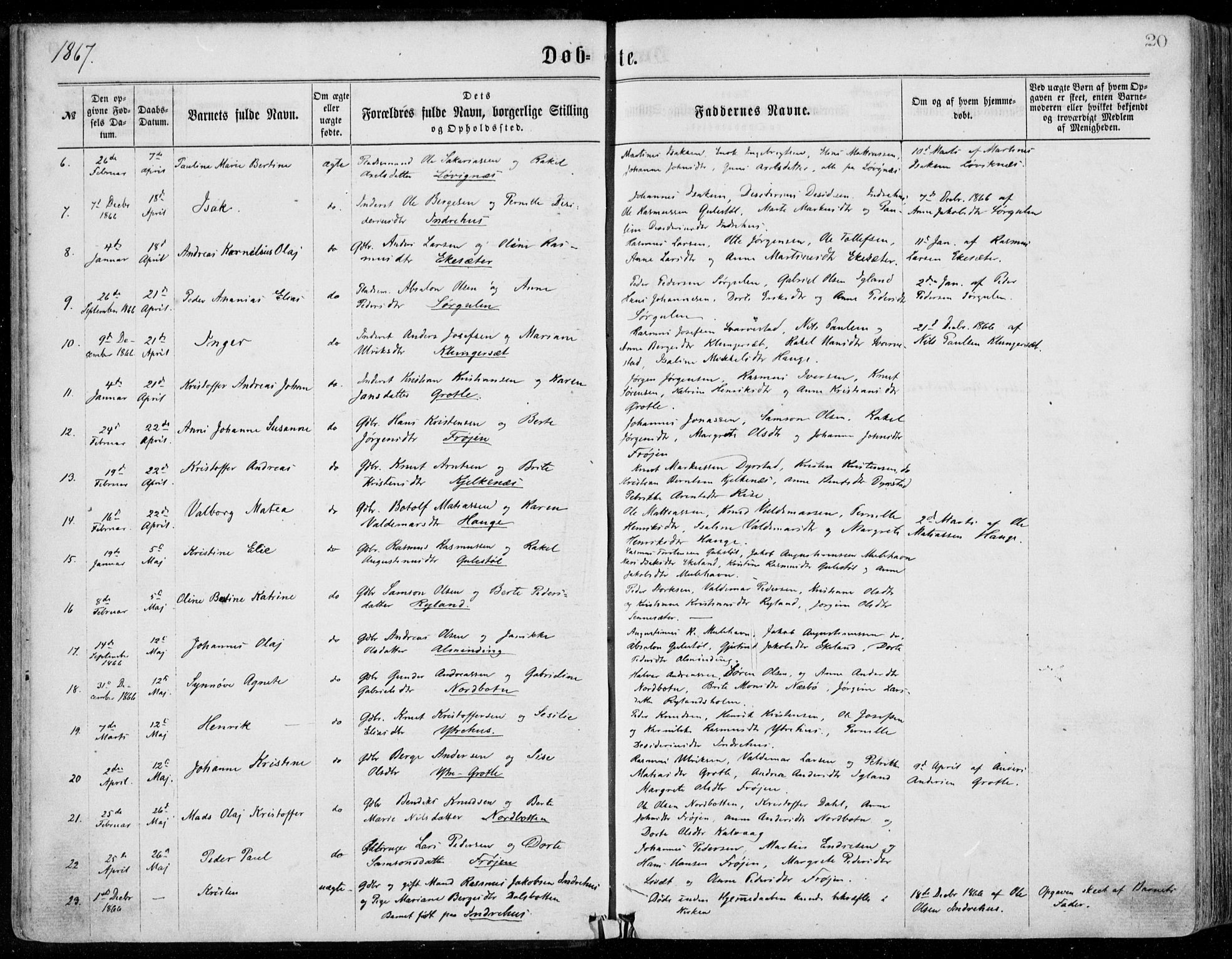 Bremanger sokneprestembete, SAB/A-82201/H/Haa/Haaa/L0001: Parish register (official) no. A  1, 1864-1883, p. 20