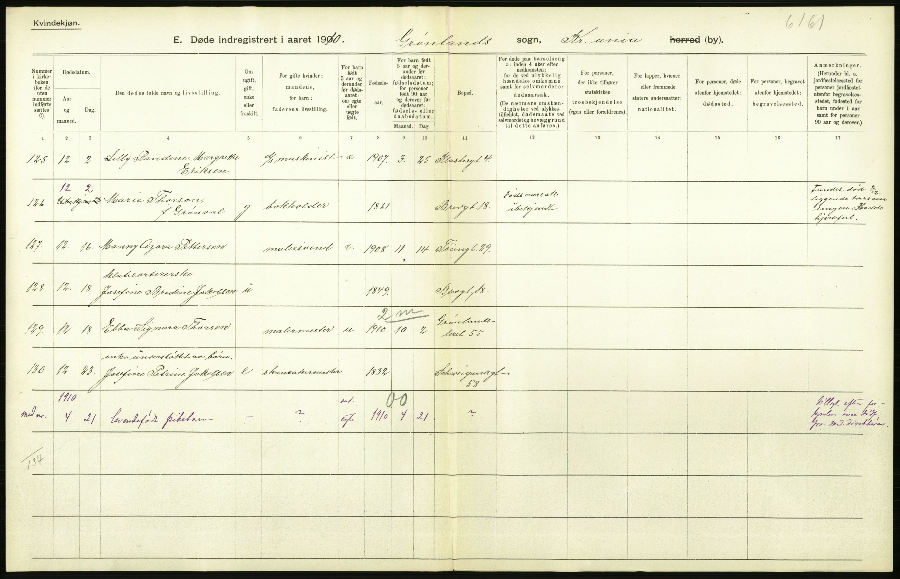 Statistisk sentralbyrå, Sosiodemografiske emner, Befolkning, AV/RA-S-2228/D/Df/Dfa/Dfah/L0008: Kristiania: Døde, 1910, p. 184