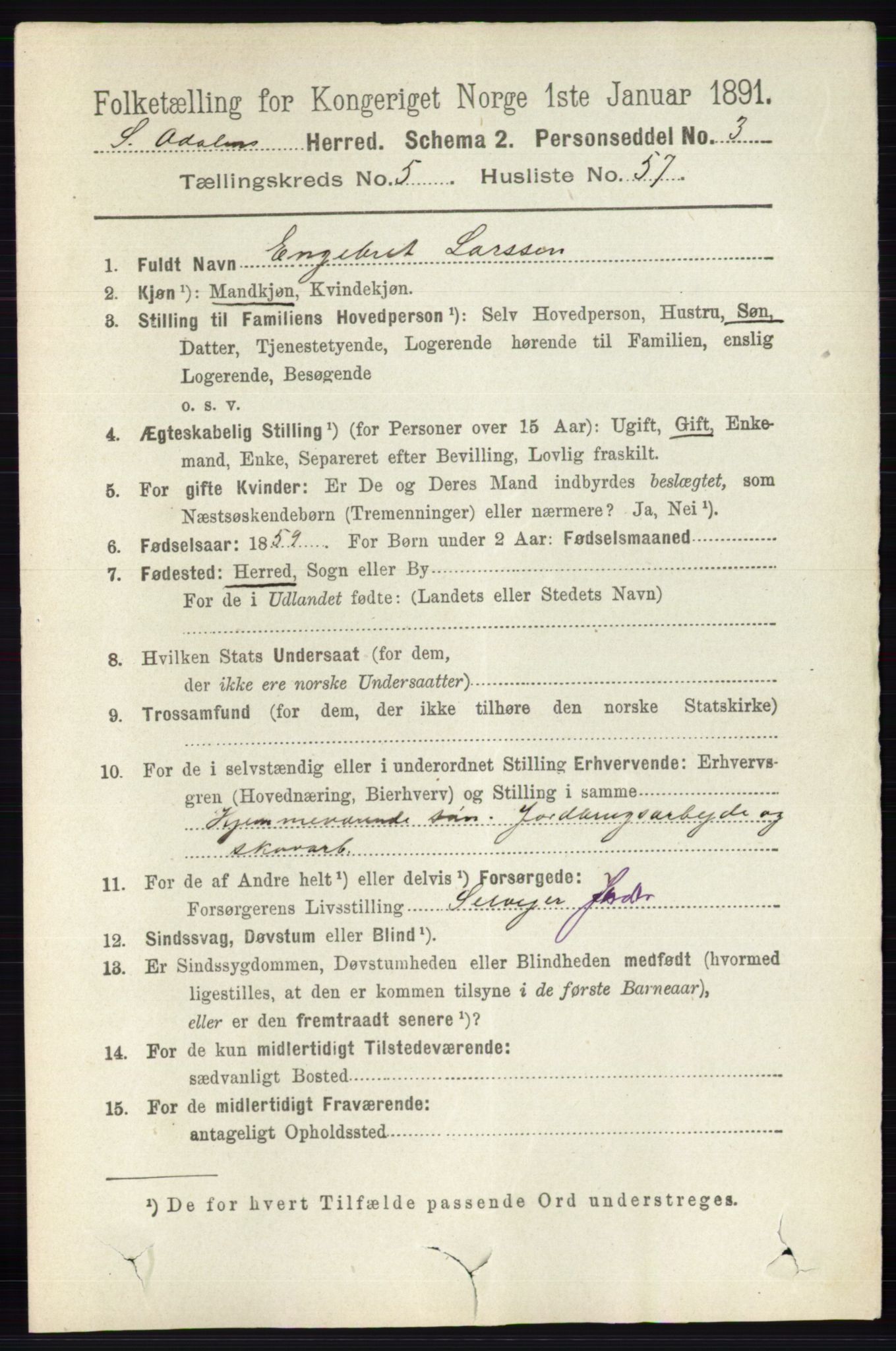 RA, 1891 census for 0419 Sør-Odal, 1891, p. 2680