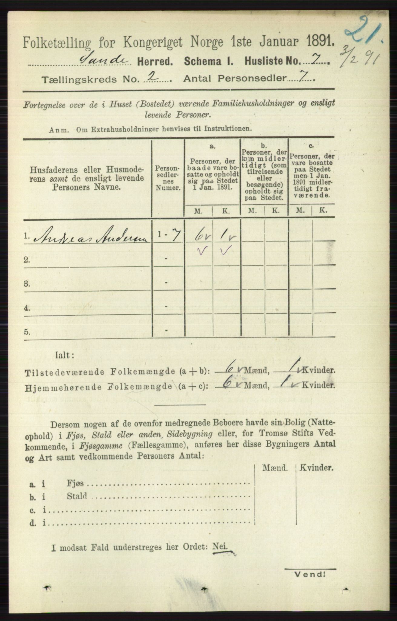 RA, 1891 census for 0713 Sande, 1891, p. 475