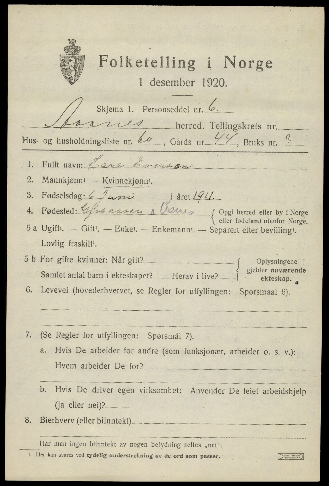 SAH, 1920 census for Åsnes, 1920, p. 9120