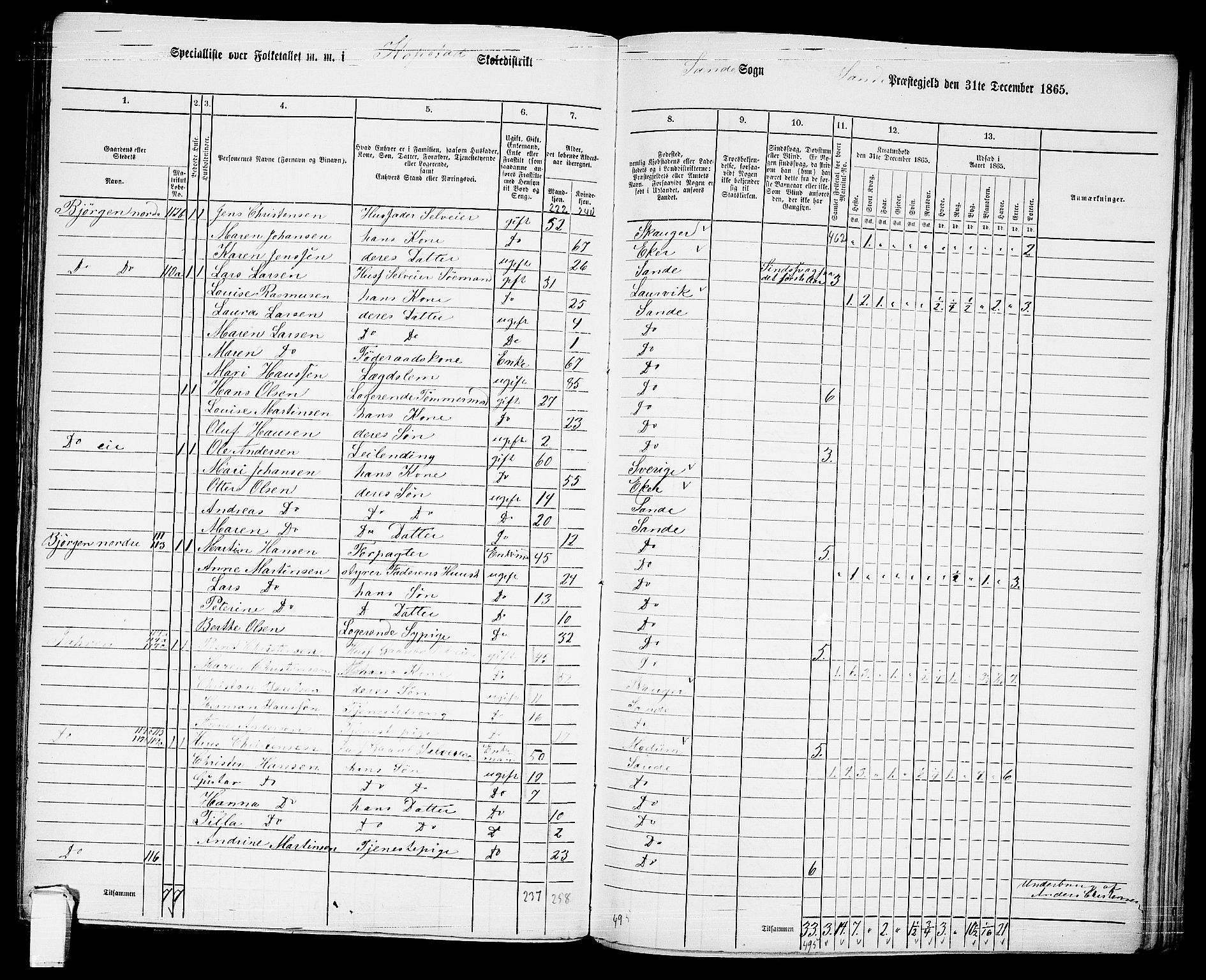 RA, 1865 census for Sande, 1865, p. 75