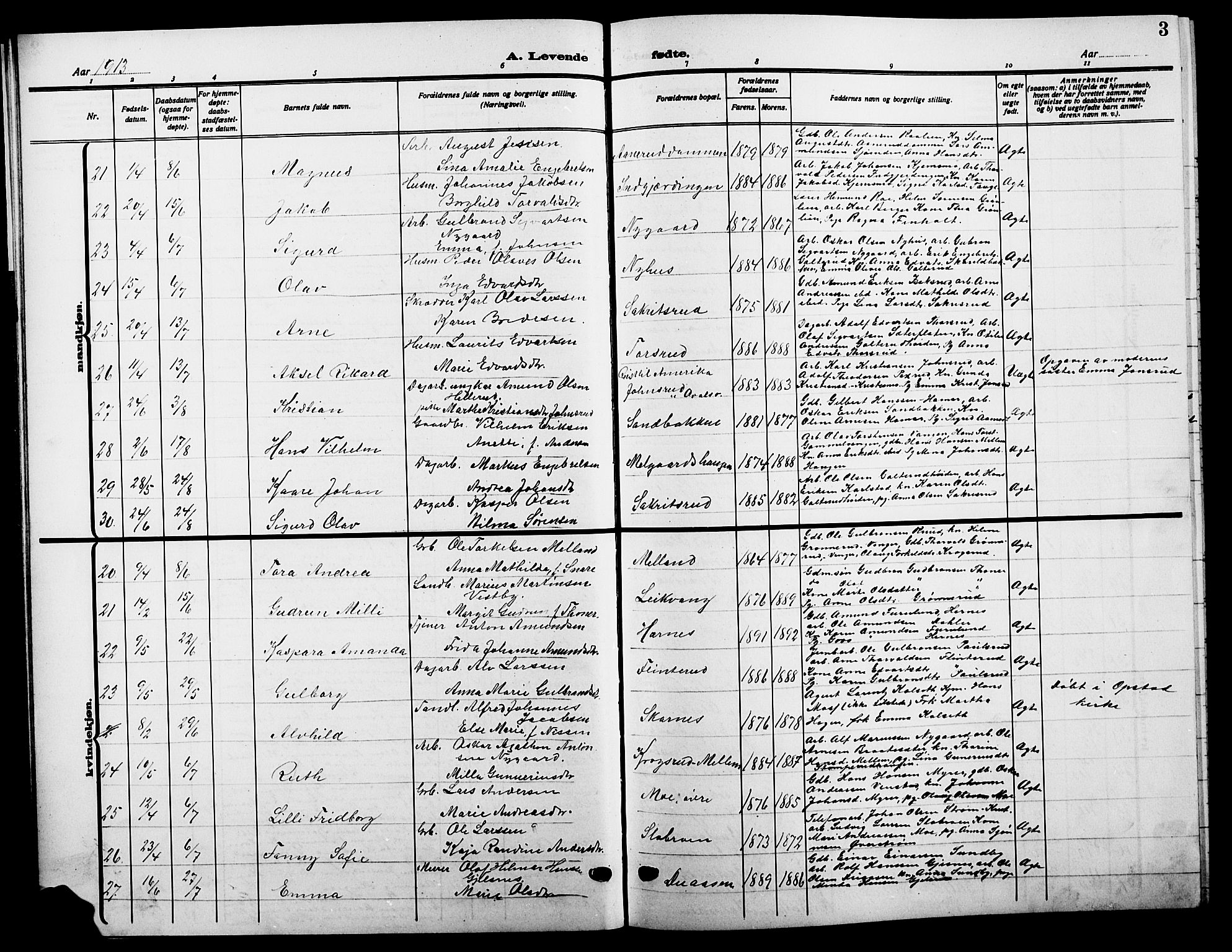 Sør-Odal prestekontor, AV/SAH-PREST-030/H/Ha/Hab/L0008: Parish register (copy) no. 8, 1913-1923, p. 3