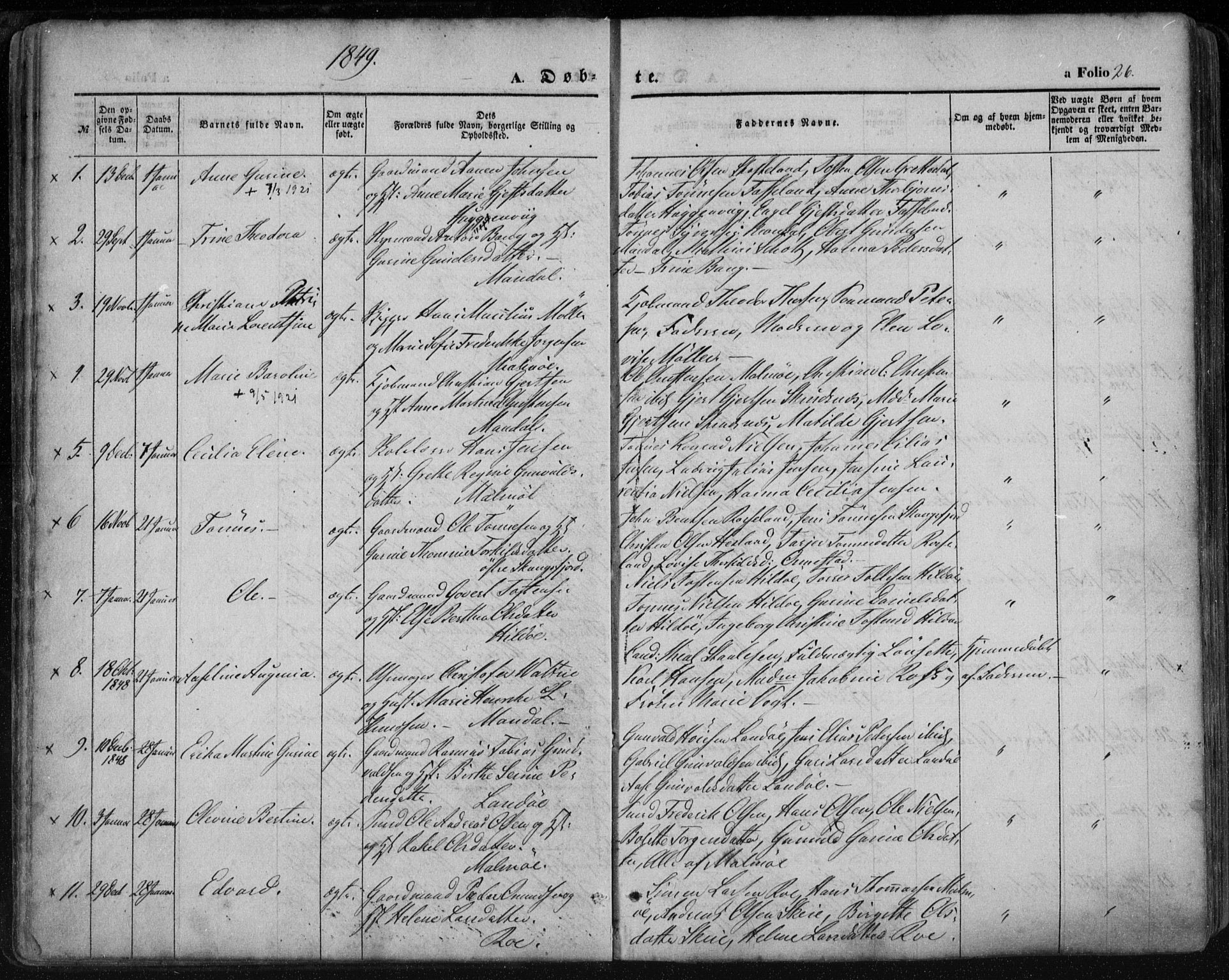 Mandal sokneprestkontor, SAK/1111-0030/F/Fa/Faa/L0013: Parish register (official) no. A 13, 1847-1859, p. 26