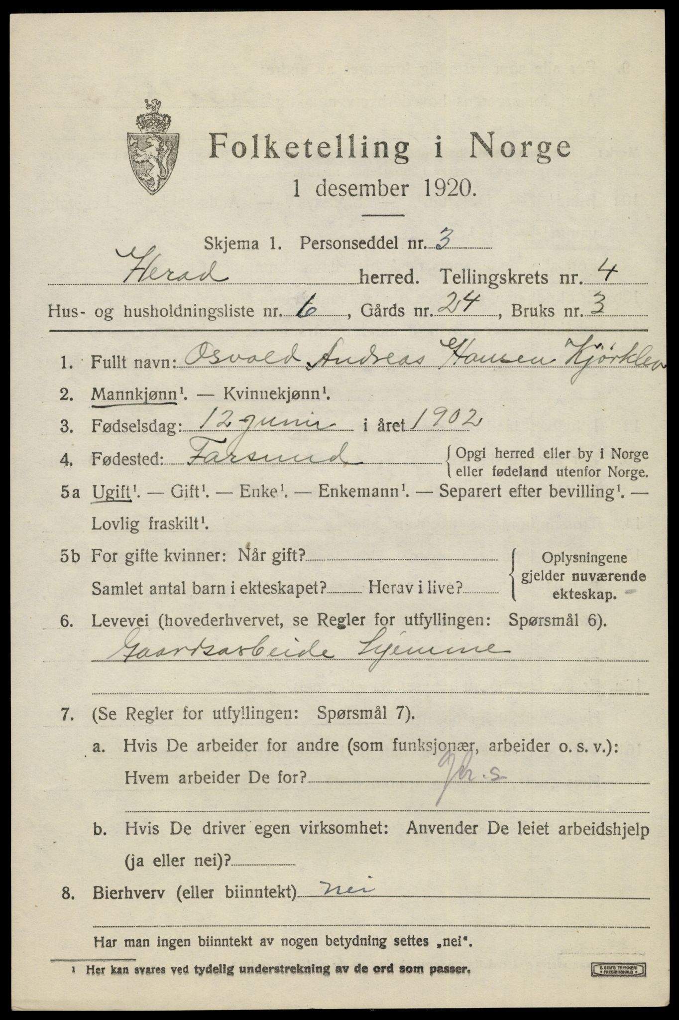SAK, 1920 census for Herad, 1920, p. 1782