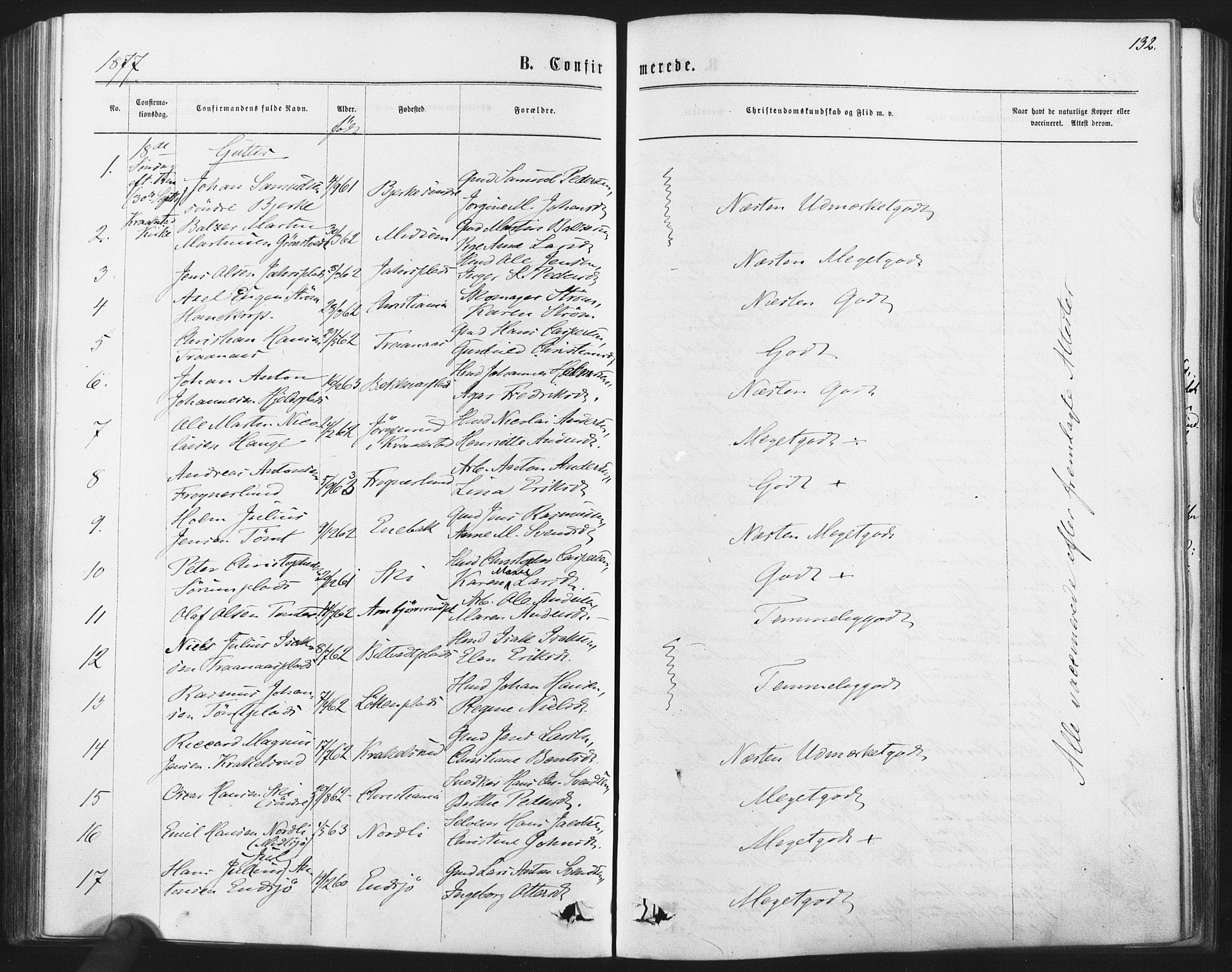 Kråkstad prestekontor Kirkebøker, AV/SAO-A-10125a/F/Fa/L0008: Parish register (official) no. I 8, 1870-1879, p. 132