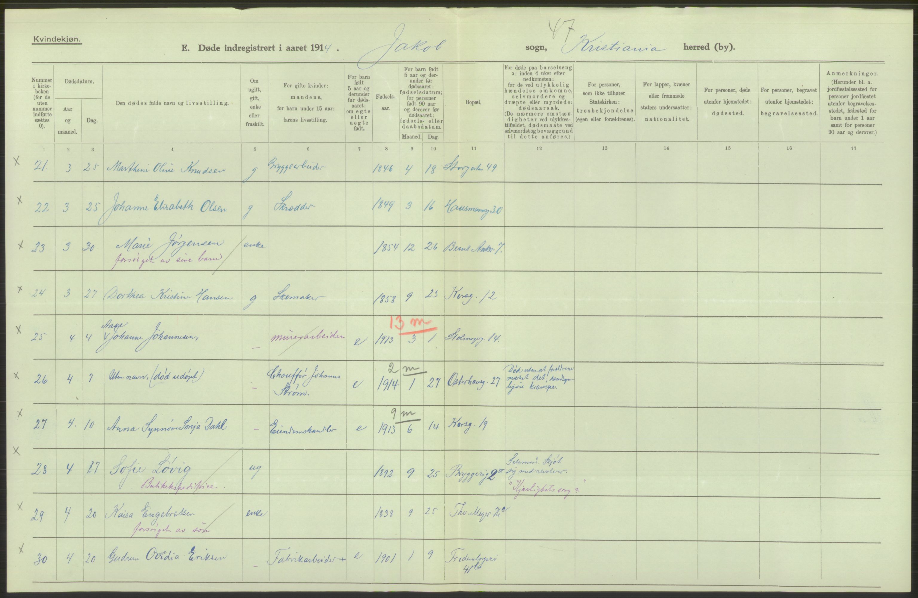 Statistisk sentralbyrå, Sosiodemografiske emner, Befolkning, AV/RA-S-2228/D/Df/Dfb/Dfbd/L0008: Kristiania: Døde, 1914, p. 580