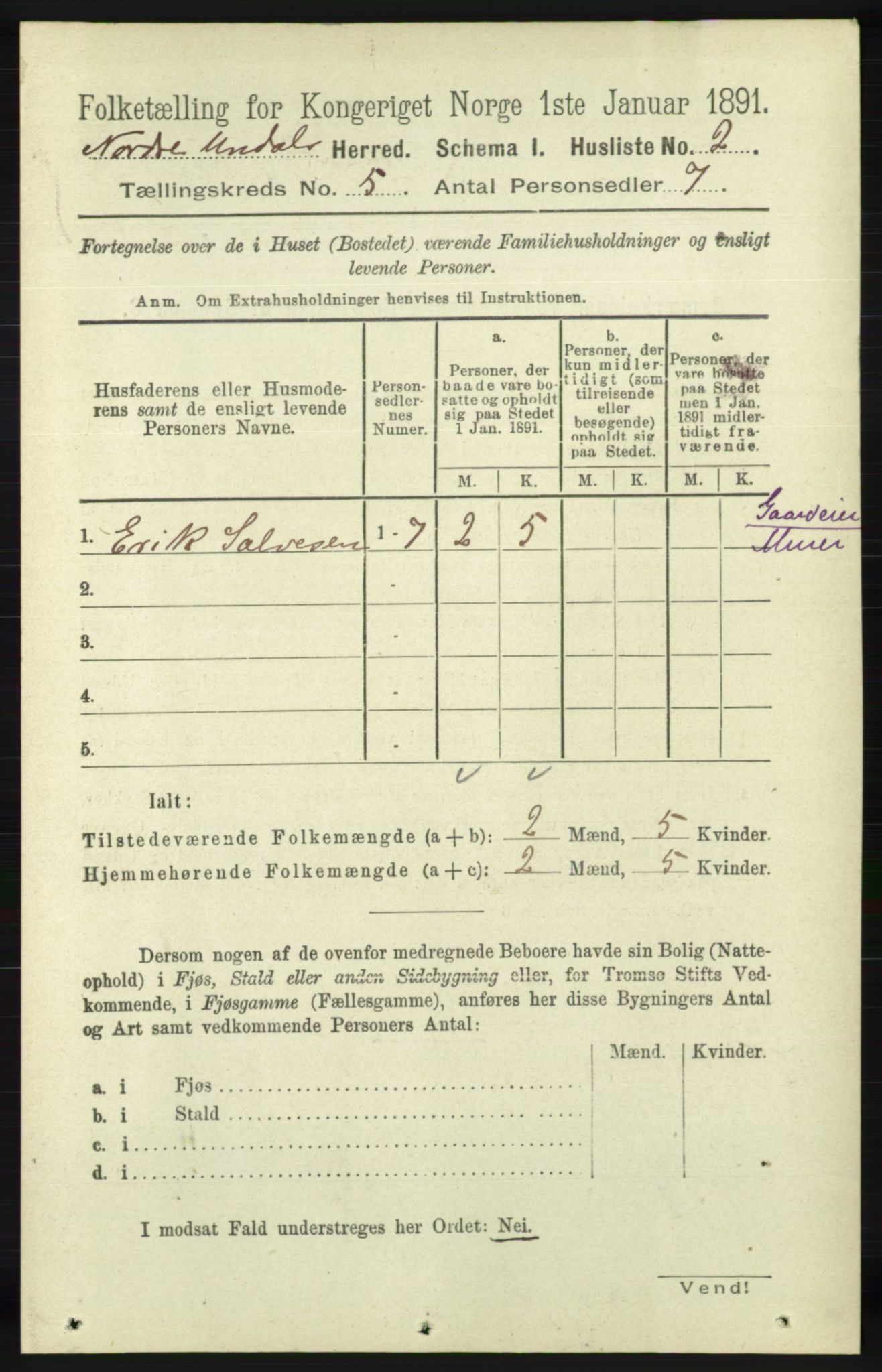 RA, 1891 census for 1028 Nord-Audnedal, 1891, p. 1173