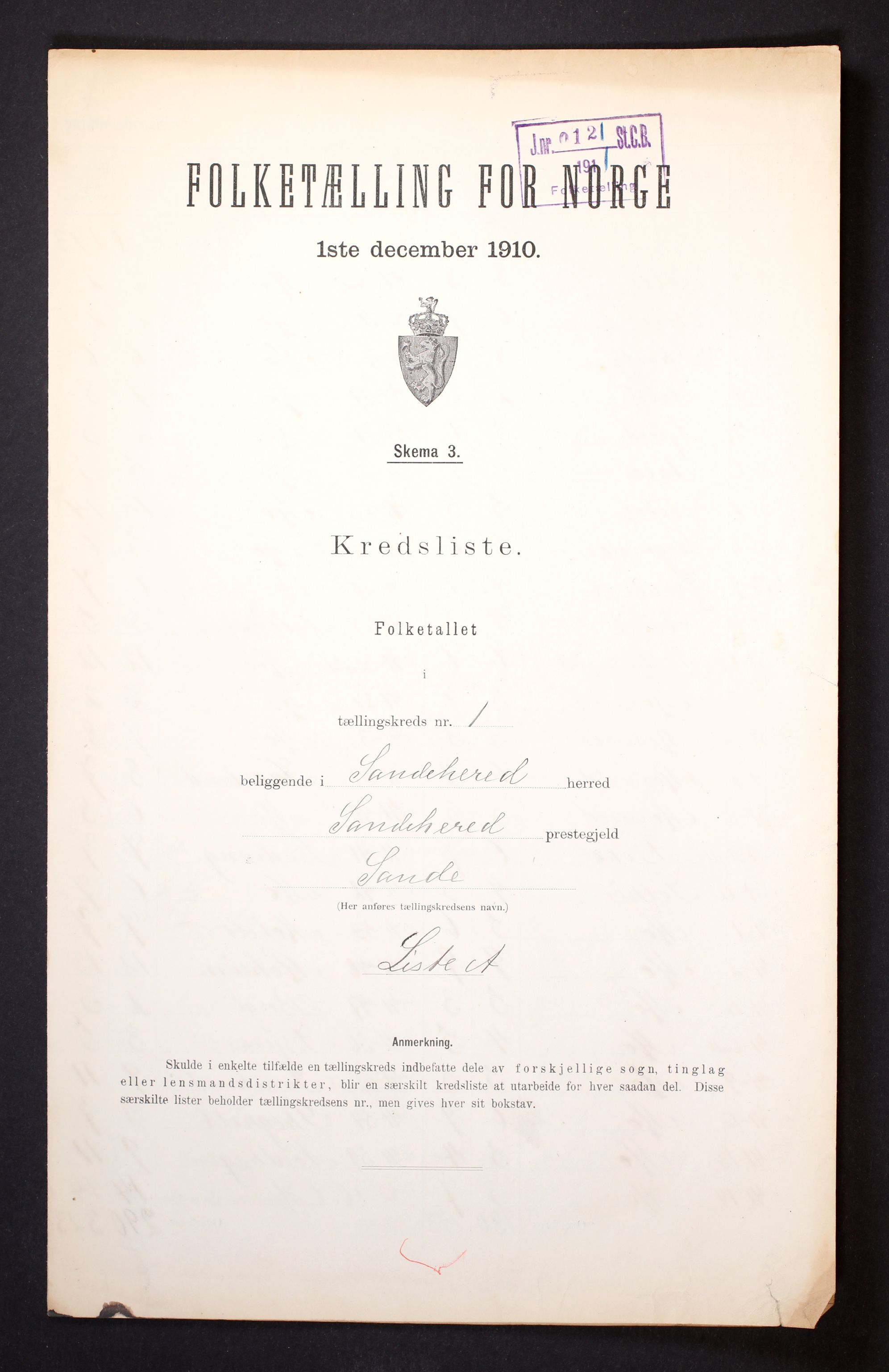 RA, 1910 census for Sandeherred, 1910, p. 3
