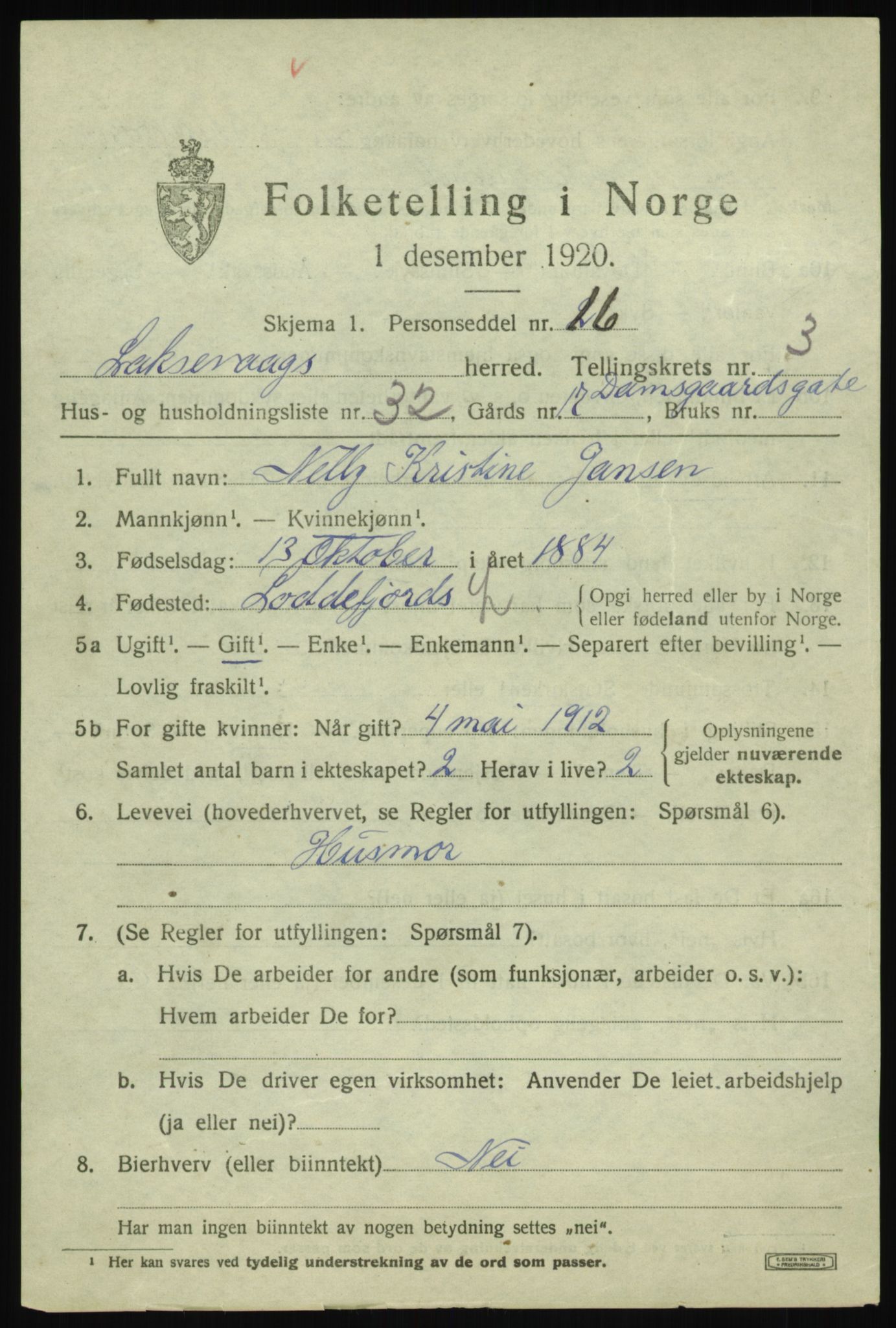 SAB, 1920 census for Laksevåg, 1920, p. 8912
