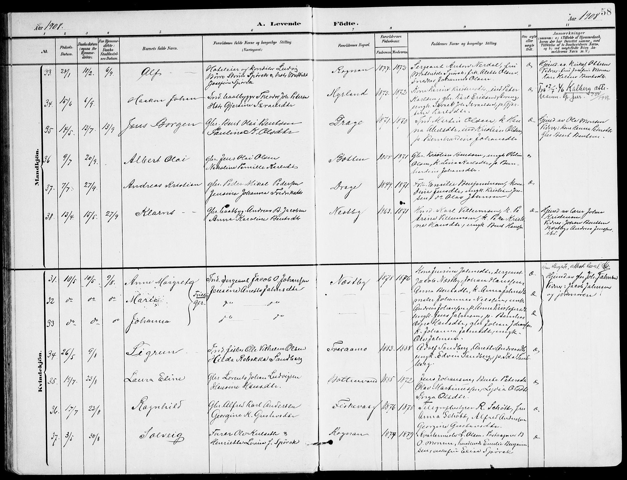 Ministerialprotokoller, klokkerbøker og fødselsregistre - Nordland, AV/SAT-A-1459/847/L0672: Parish register (official) no. 847A12, 1902-1919, p. 58