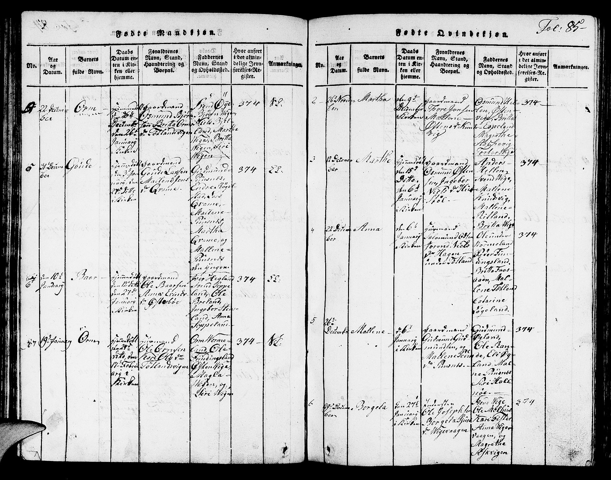 Hjelmeland sokneprestkontor, SAST/A-101843/01/V/L0001: Parish register (copy) no. B 1, 1816-1841, p. 85