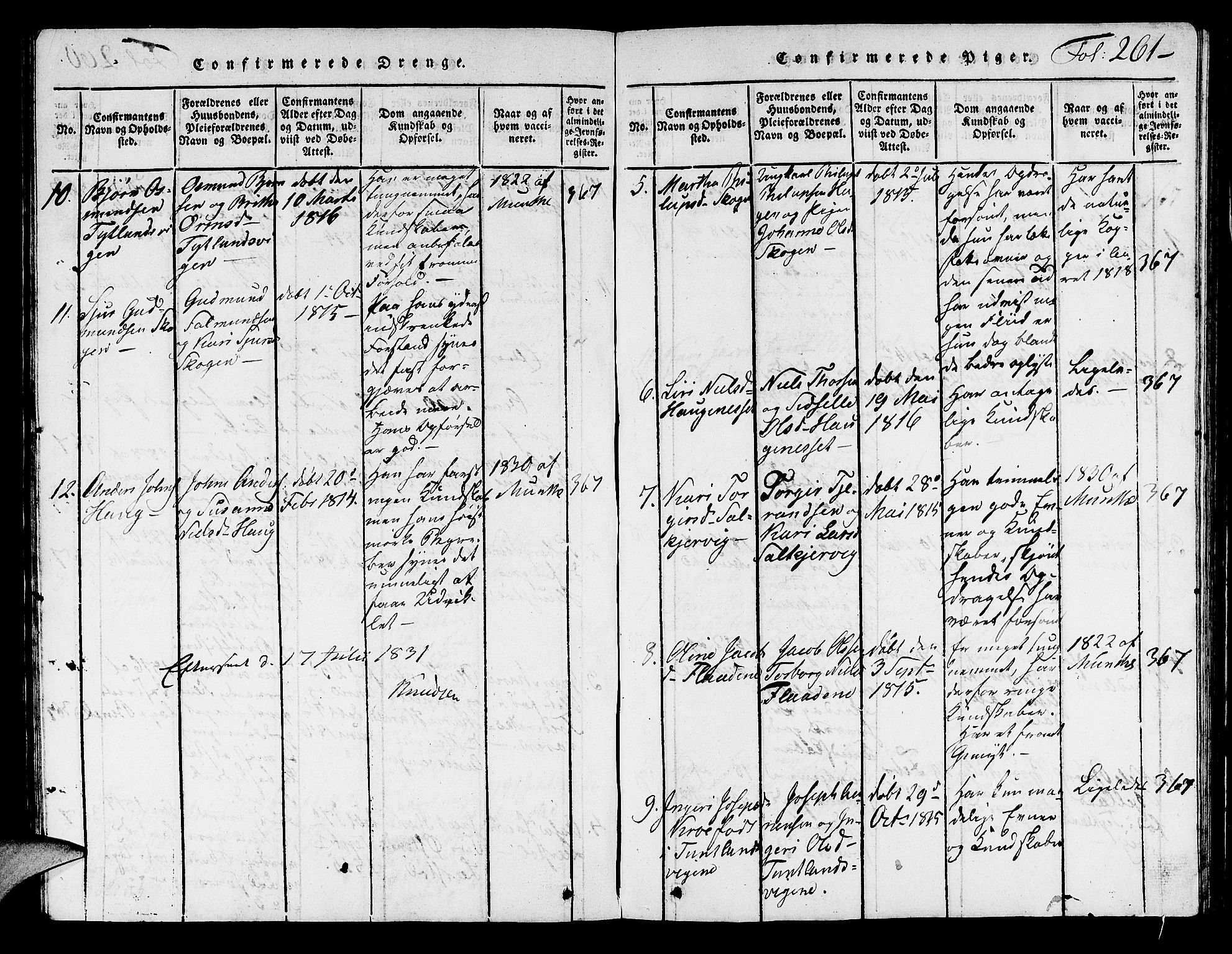 Hjelmeland sokneprestkontor, AV/SAST-A-101843/01/V/L0001: Parish register (copy) no. B 1, 1816-1841, p. 261