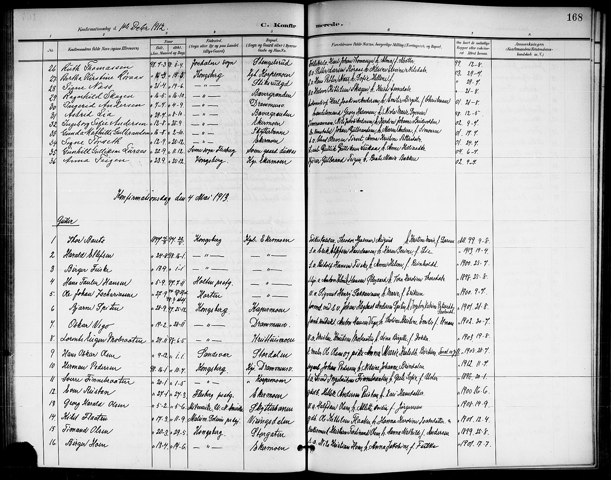 Kongsberg kirkebøker, SAKO/A-22/G/Ga/L0007: Parish register (copy) no. 7, 1901-1915, p. 168