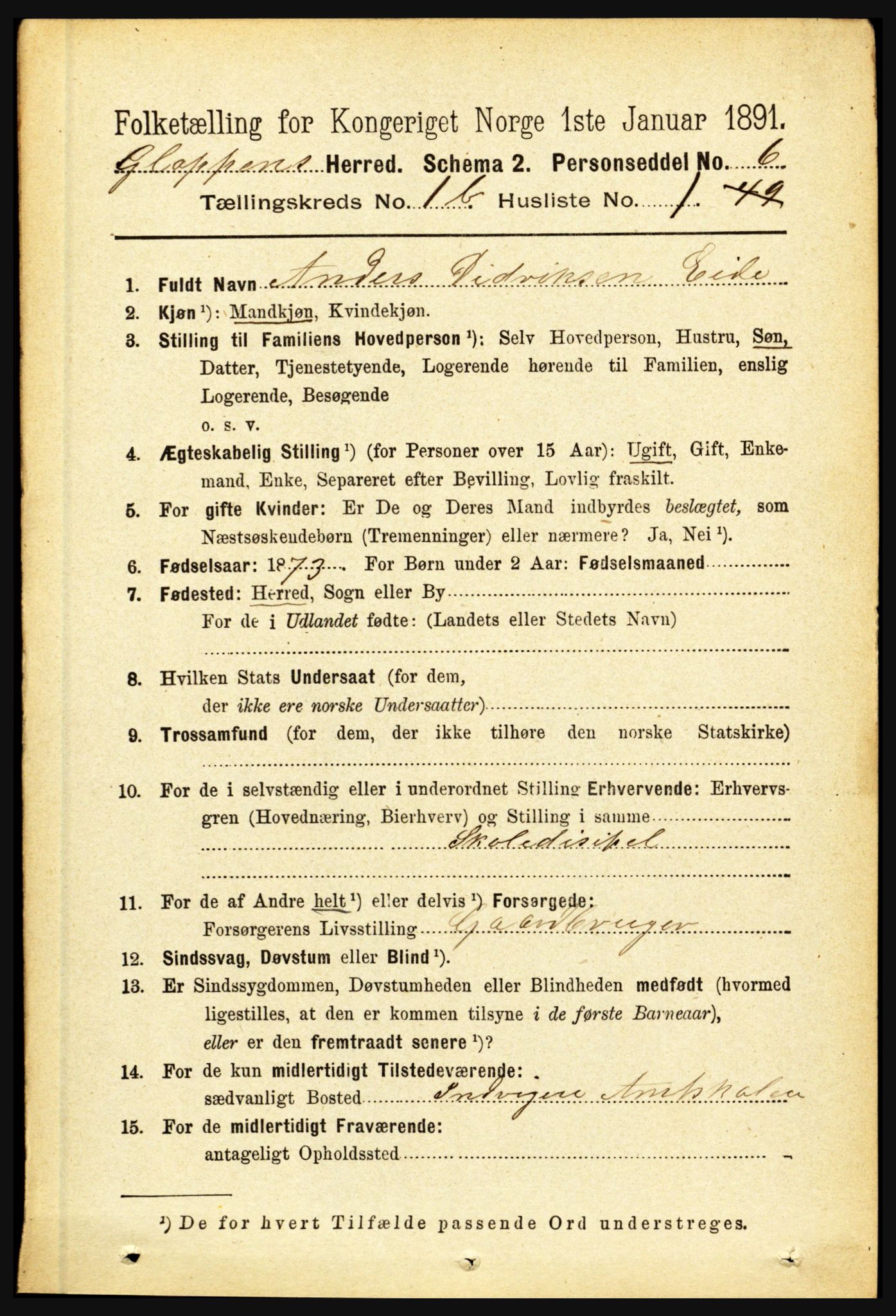 RA, 1891 census for 1445 Gloppen, 1891, p. 408