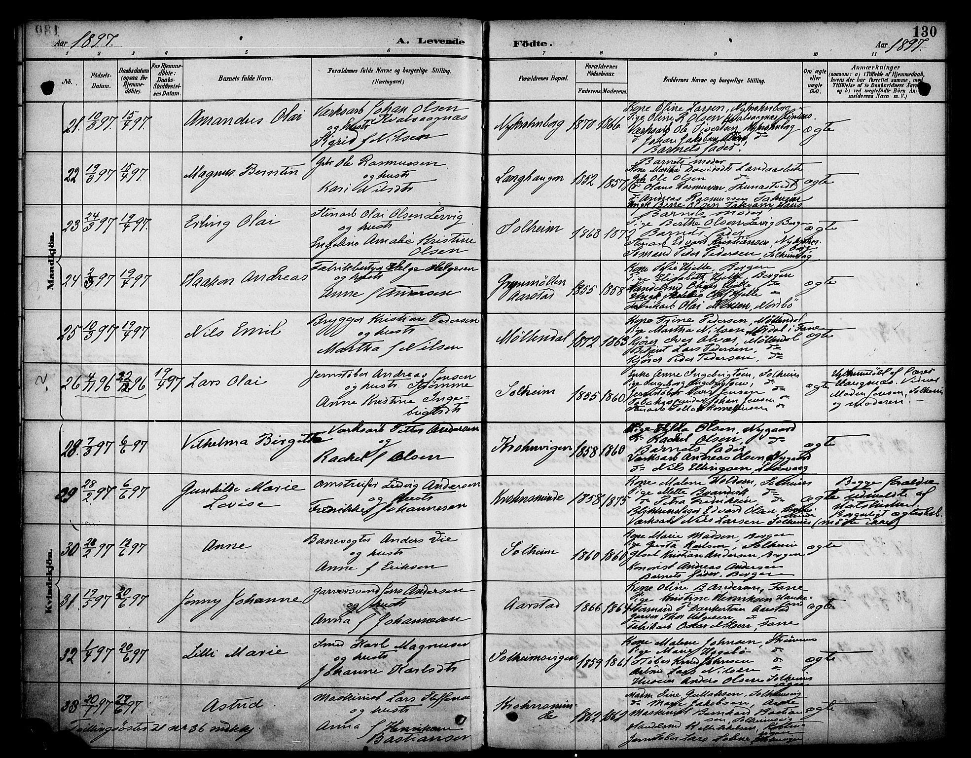 Årstad Sokneprestembete, SAB/A-79301/H/Haa/L0001: Parish register (official) no. A 1, 1886-1901, p. 130