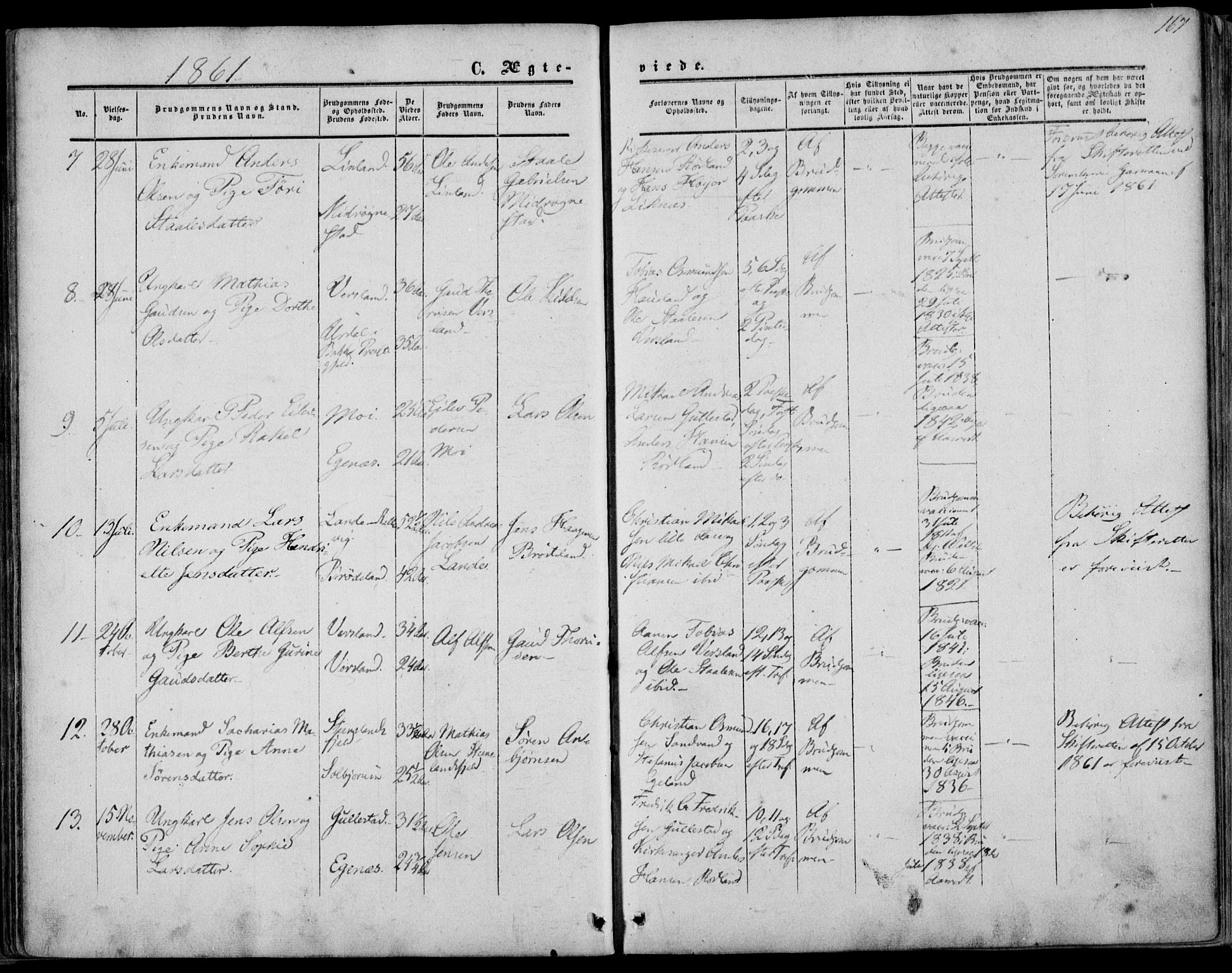 Kvinesdal sokneprestkontor, AV/SAK-1111-0026/F/Fa/Fab/L0006: Parish register (official) no. A 6, 1857-1869, p. 167