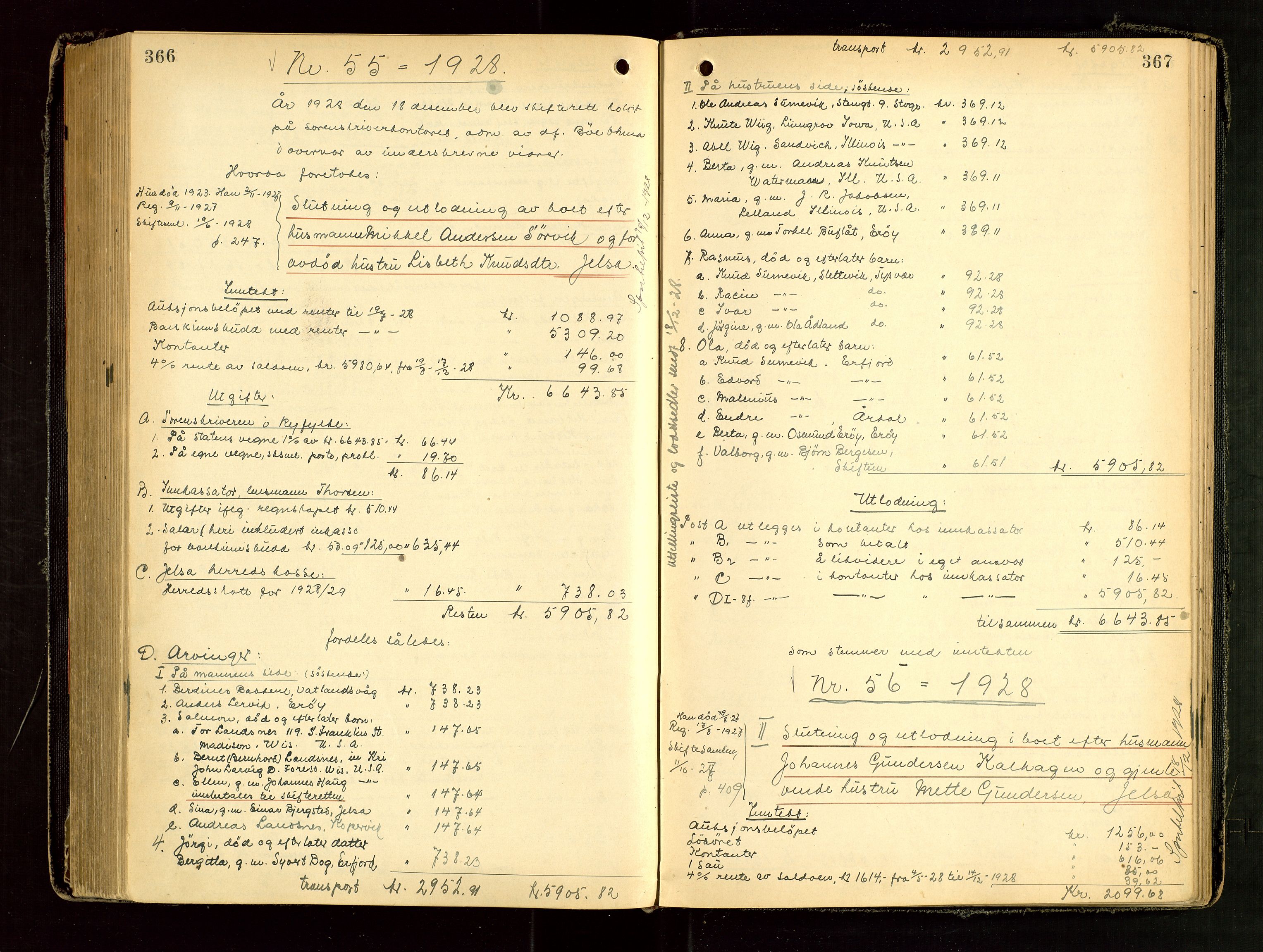 Ryfylke tingrett, AV/SAST-A-100055/001/IV/IVG/L0006: Skifteutlodningsprotokoll Med register, 1924-1929, p. 366-367